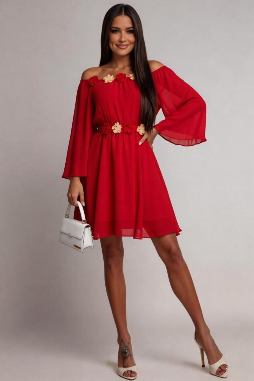 JojoFashion Rochie de ocazie scurta rosie din voal vaporoasa cu maneca lunga Raisa