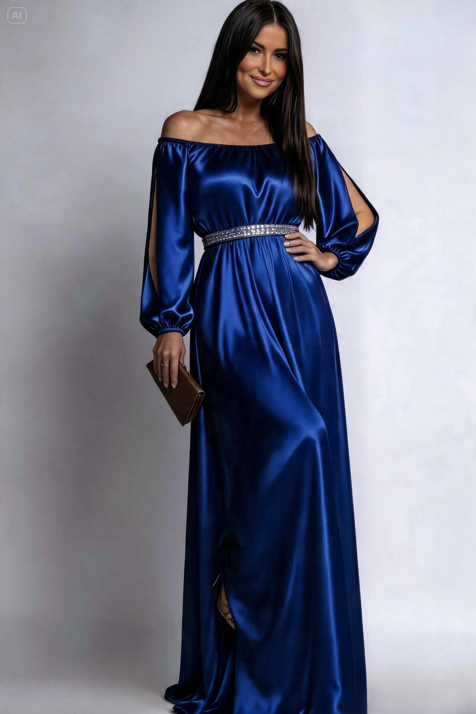 JojoFashion Rochie de seara lunga din satin albastra vaporoasa cu maneca lunga Larisa