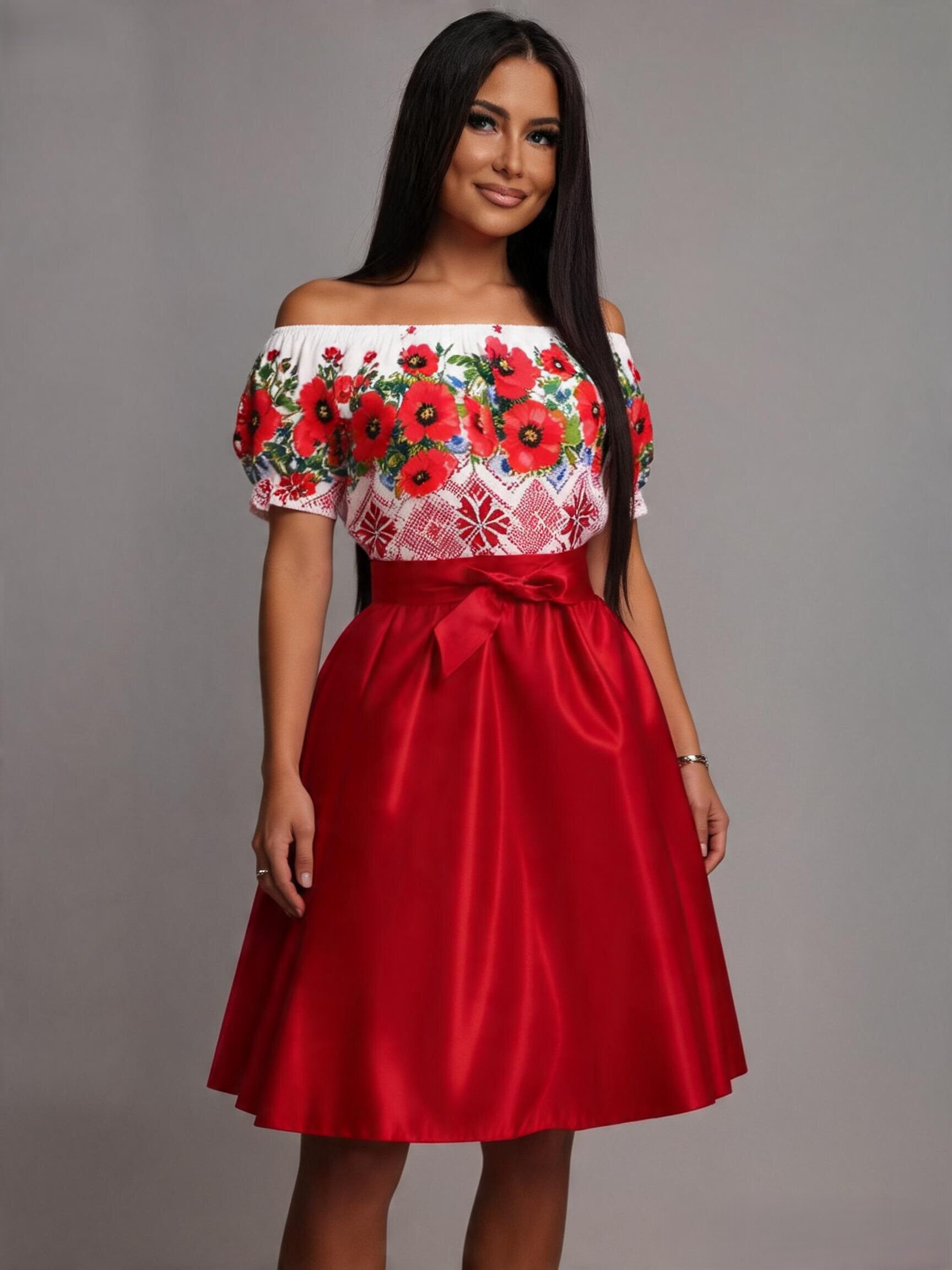 JojoFashion Rochie de zi midi traditionala in clos din tafta rosie cu maci Adana