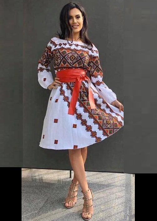 JojoFashion Rochie de zi traditionala alba cu imprimeu folcloric Lesya