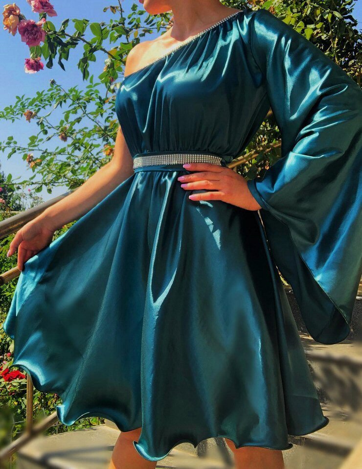 JojoFashion Rochie eleganta de ocazie scurta satin verde turcoaz babydoll cu maneca lunga Melike