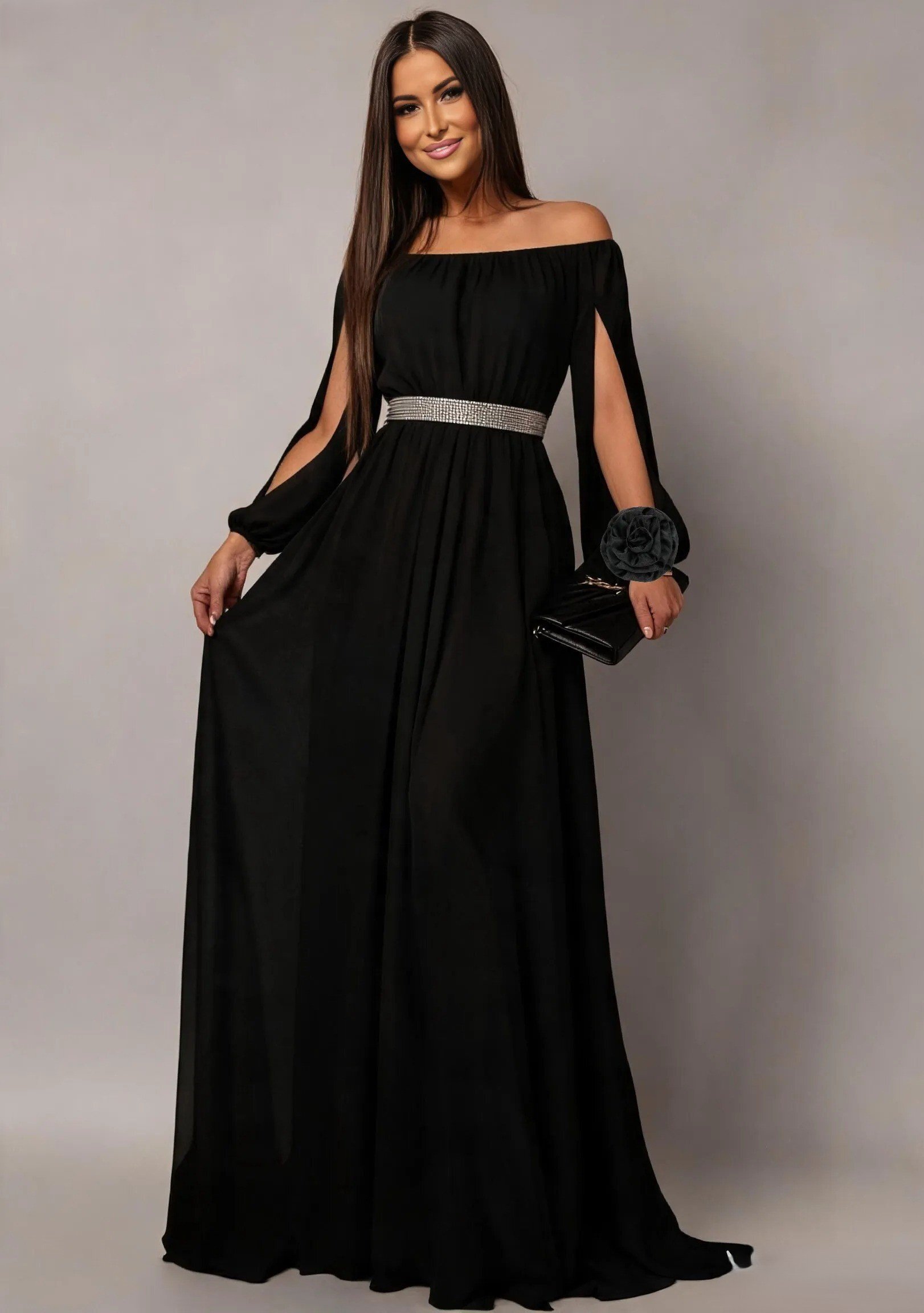 JojoFashion Rochie eleganta lunga neagra din voal vaporoasa Afrodita
