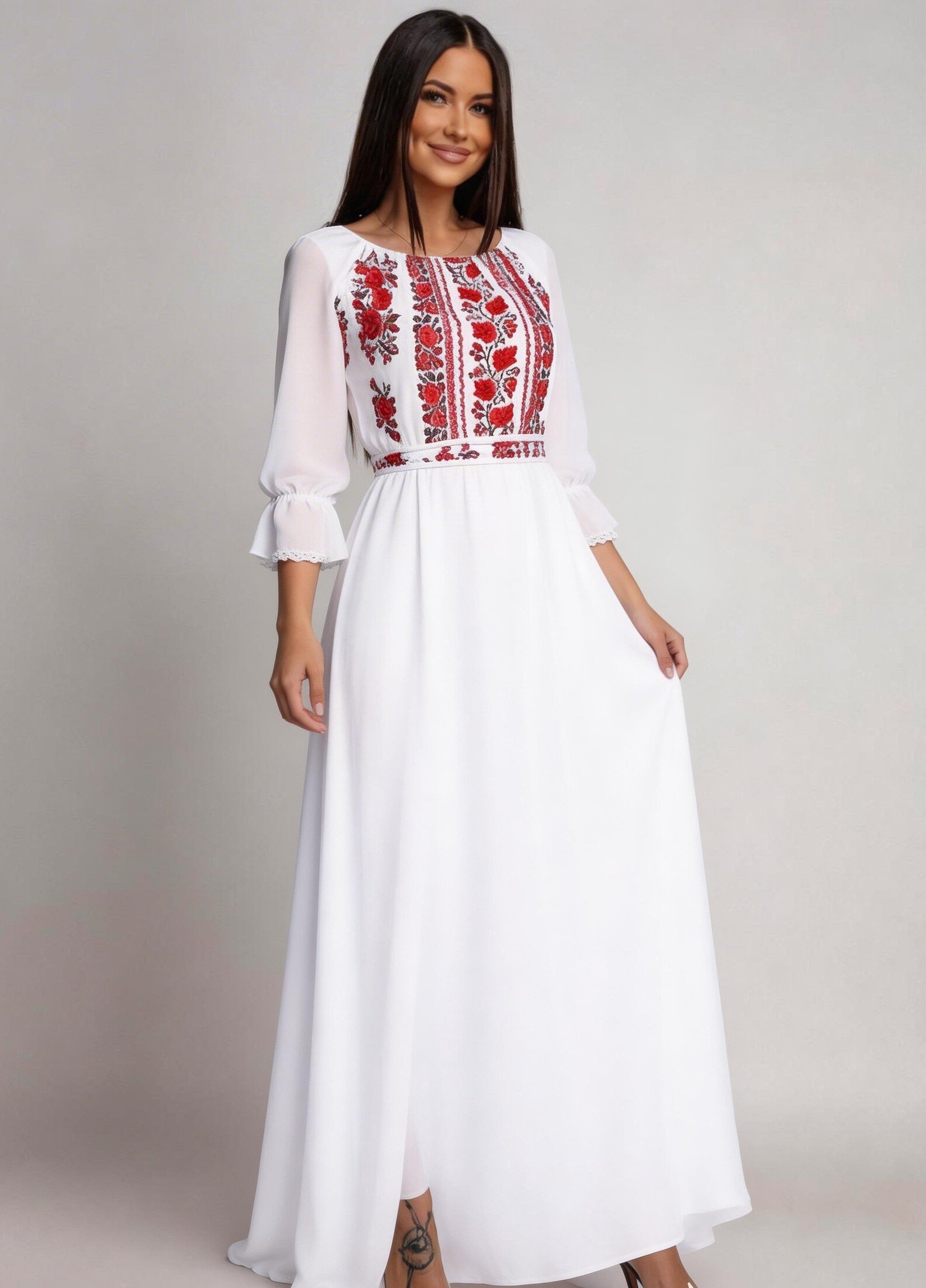 JojoFashion Rochie lunga alba din voal cu motive traditionale Saray