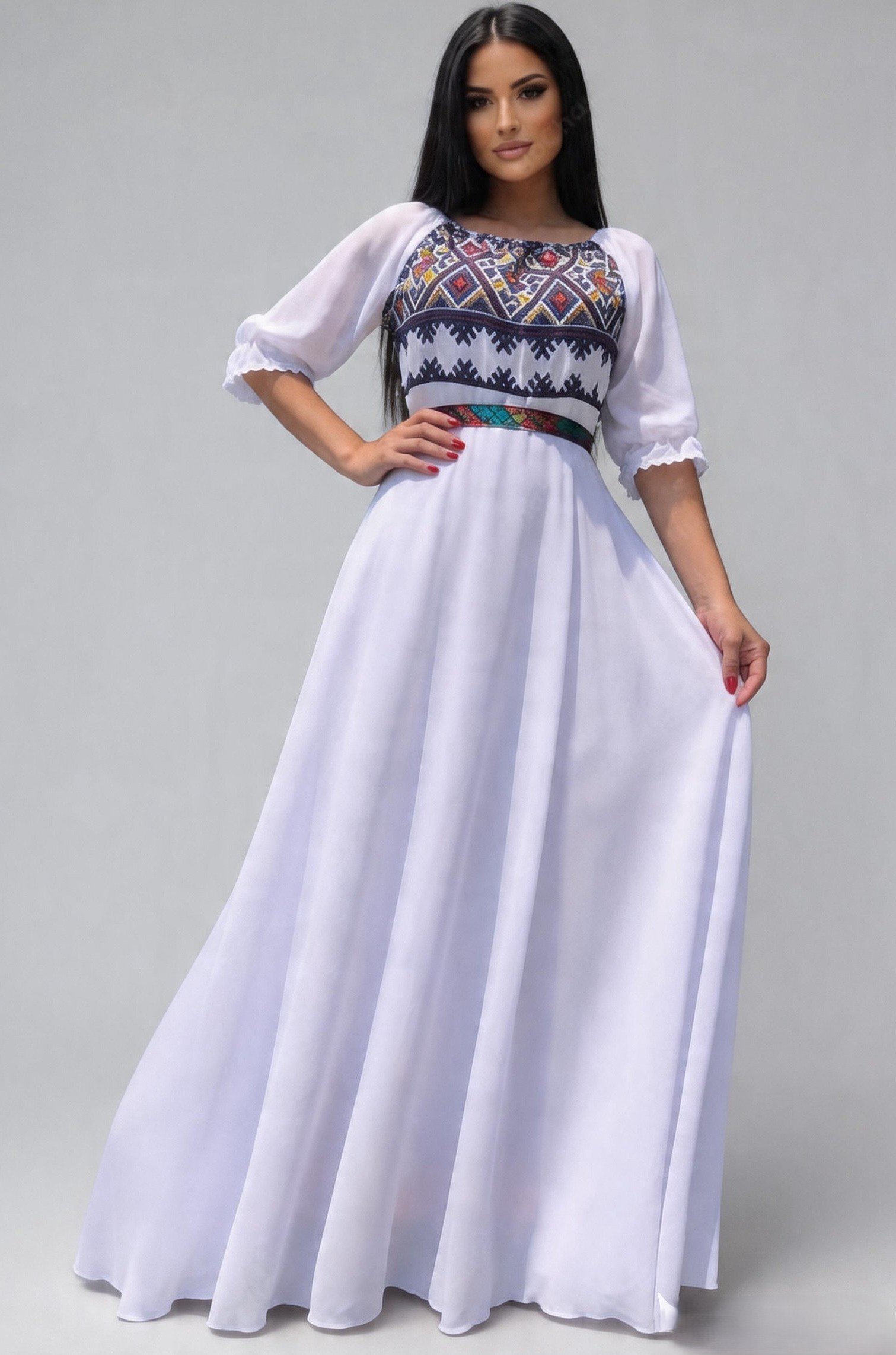 JojoFashion Rochie lunga alba eleganta din voal traditionala Analisa
