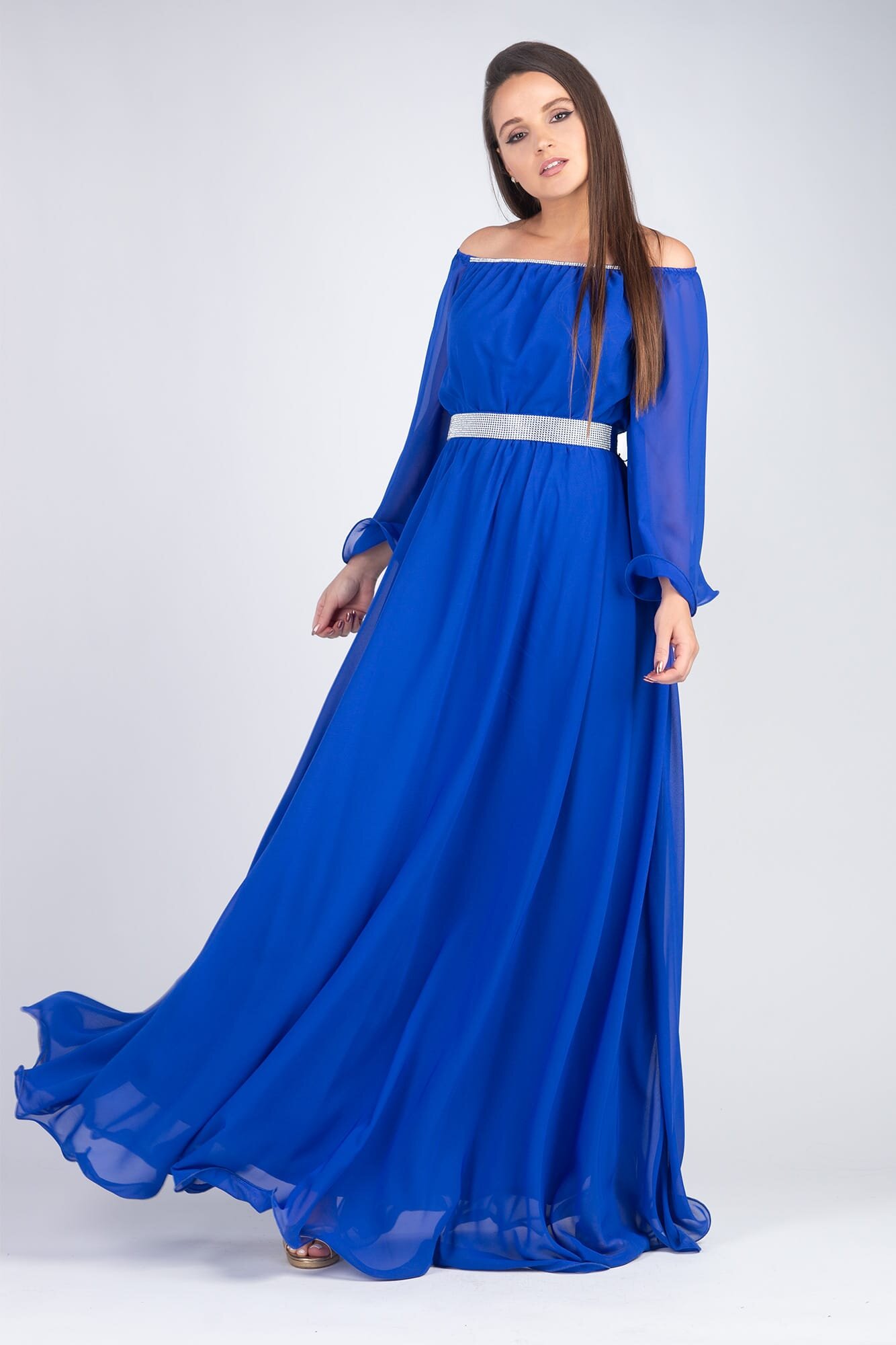 JojoFashion Rochie lunga albastra din voal cu maneca lunga Cinderella