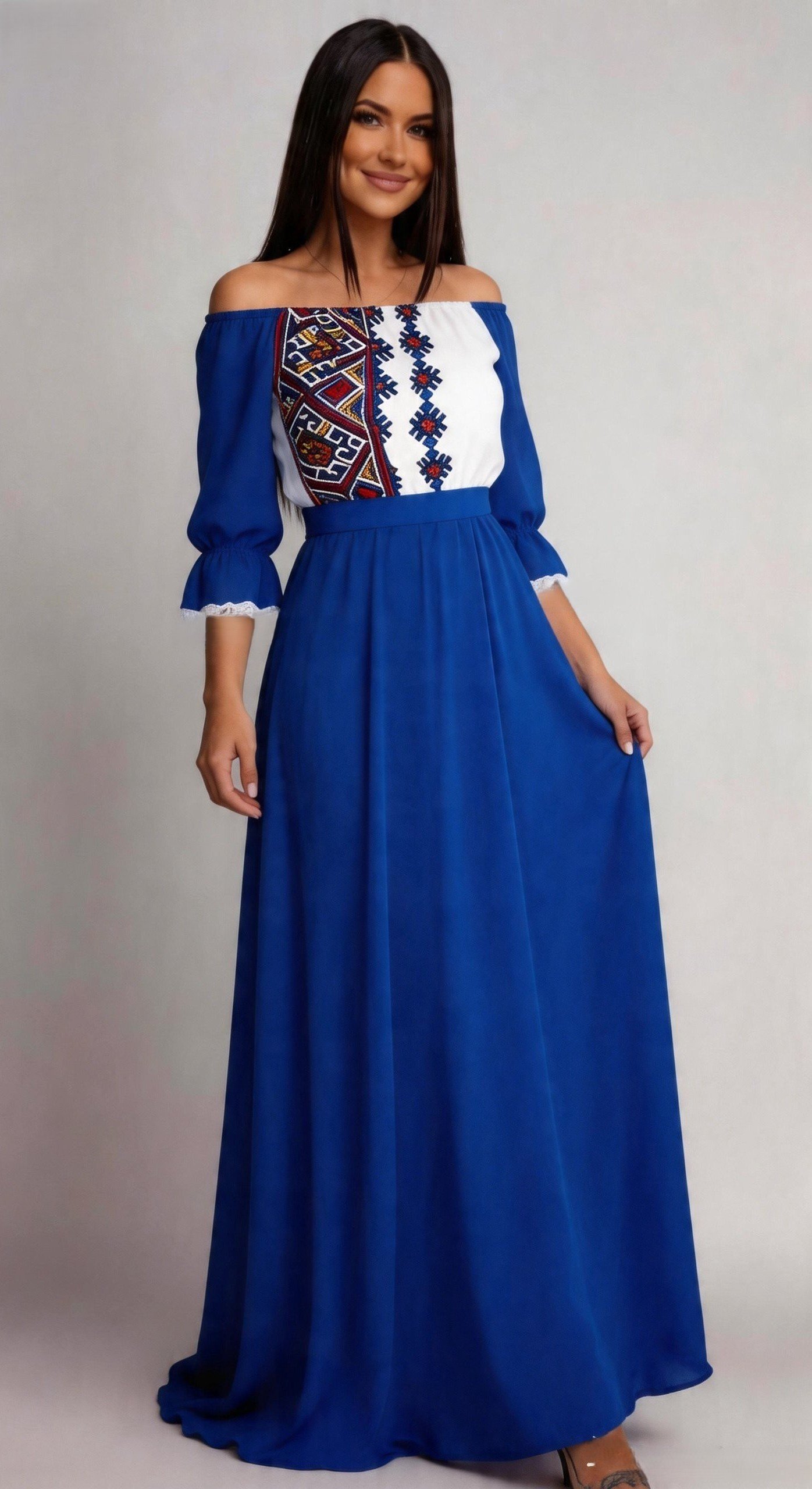 JojoFashion Rochie lunga albastra traditionala din voal vaporoasa Analisa