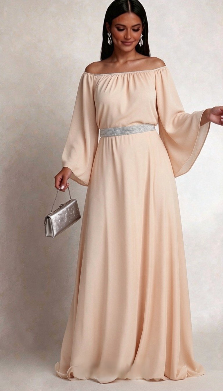 JojoFashion Rochie lunga din voal bej vaporoasa Cinderella