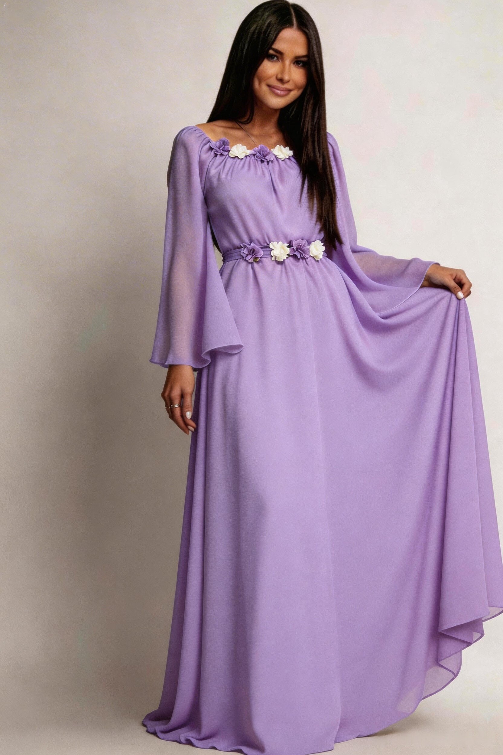 JojoFashion Rochie lunga din voal vaporoasa lila lavanda AngelD