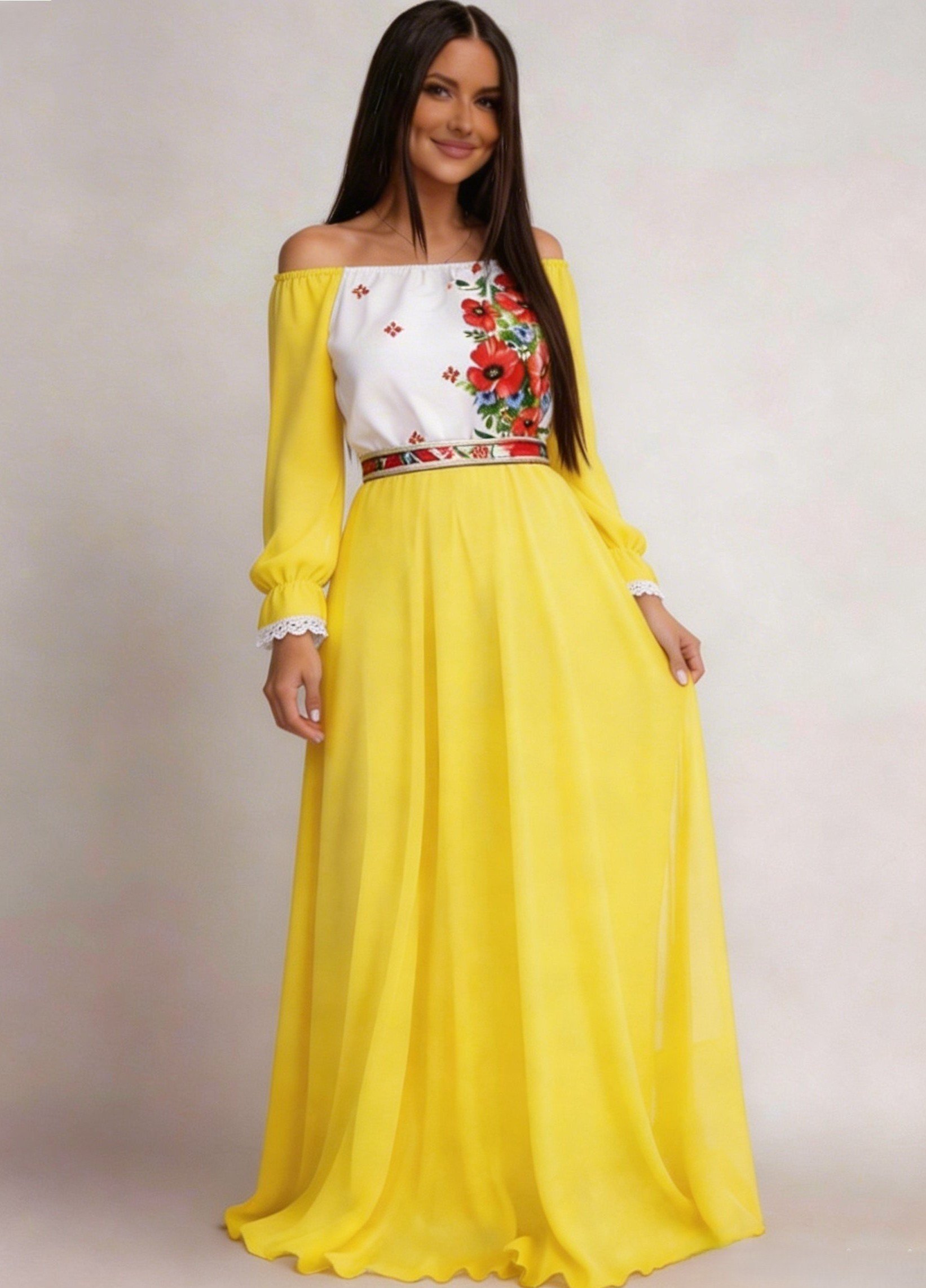 JojoFashion Rochie lunga galbena traditionala din voal vaporoasa Emanuela