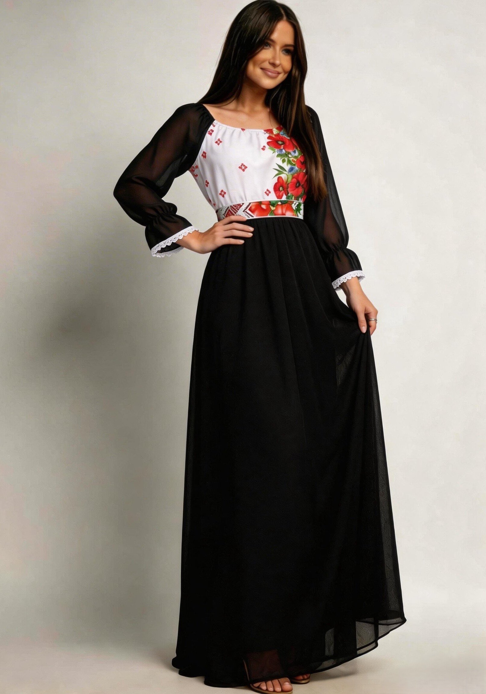 JojoFashion Rochie lunga neagra din voal cu motive traditionale vaporoasa Emanuela