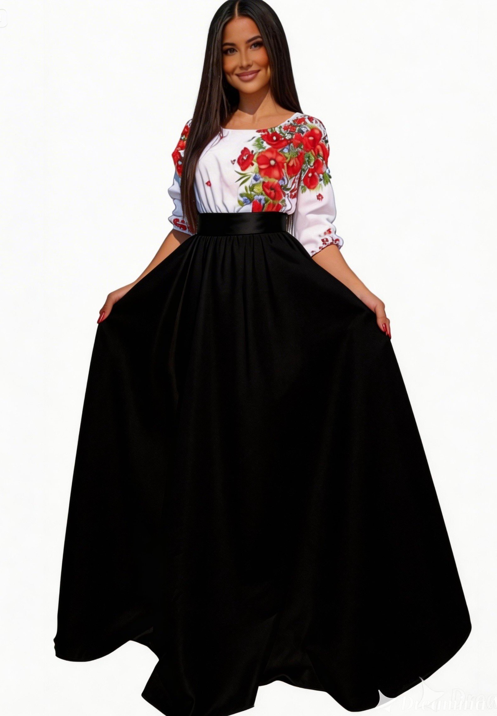 JojoFashion Rochie lunga neagra traditionala din tafta cu maci rosii Anna