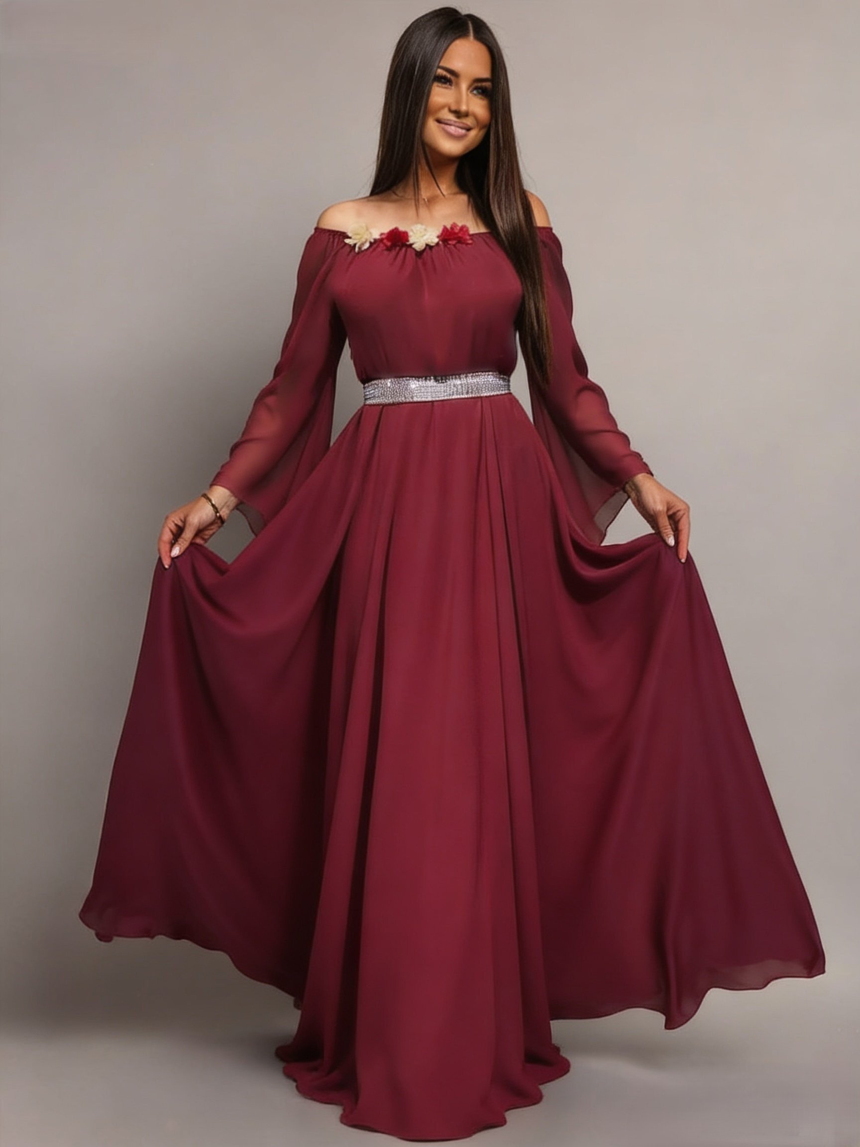 JojoFashion Rochie lunga ocazie din voal burgundy FairyTale