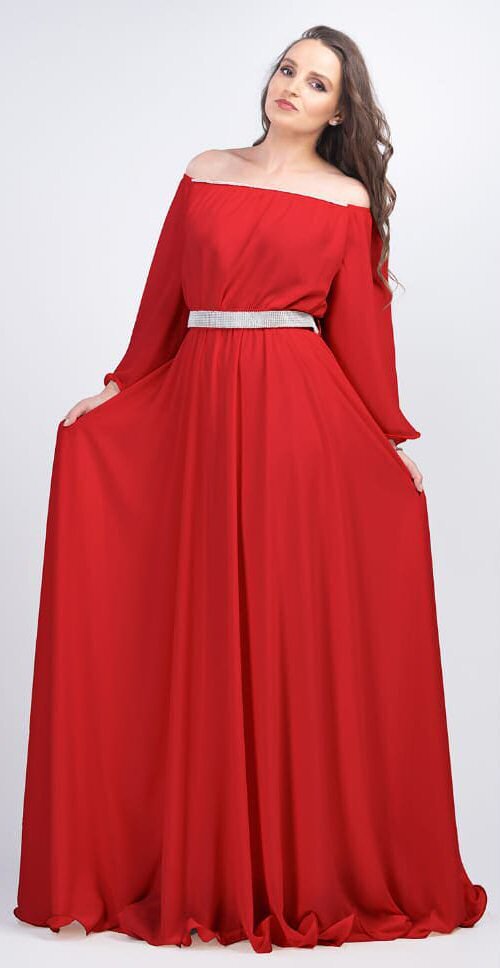 JojoFashion Rochie lunga rosie din voal cu maneca lunga Cinderella