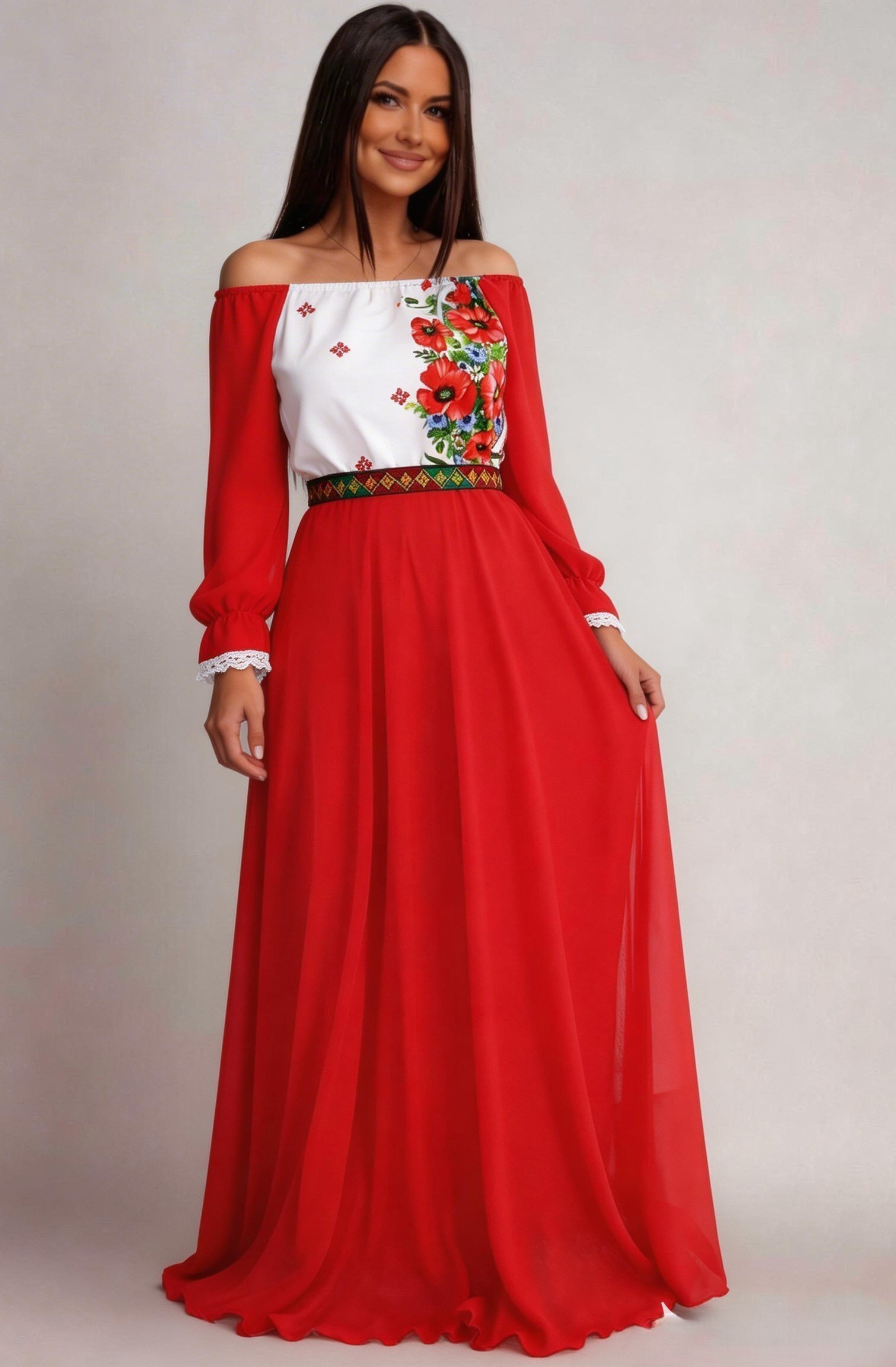 JojoFashion Rochie lunga rosie din voal cu motive traditionale vaporoasa Emanuela
