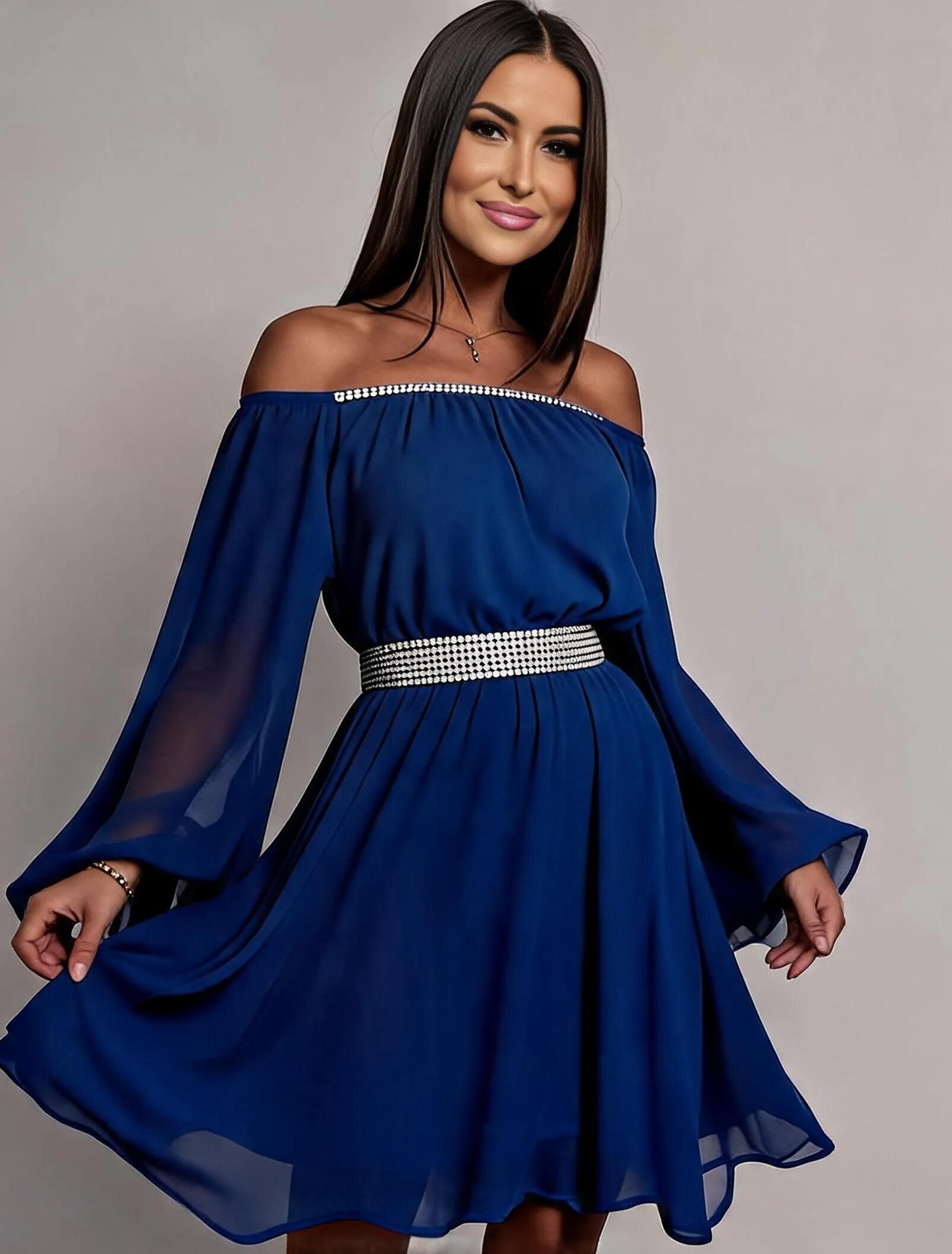 JojoFashion Rochie midi albastra din voal vaporoasa Alexia