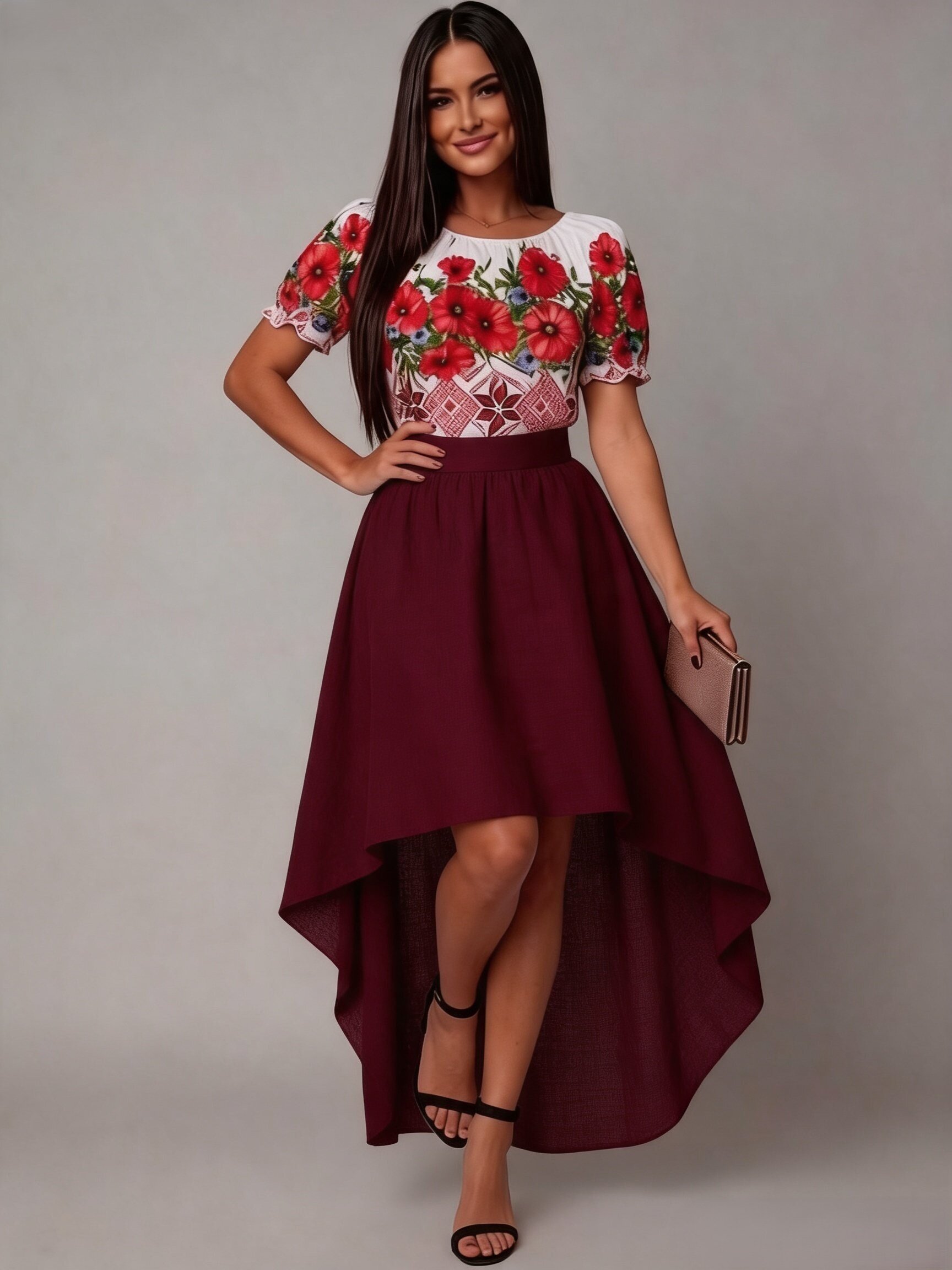 JojoFashion Rochie midi cu motive traditionale din tafta burgundy cu maci Byanca