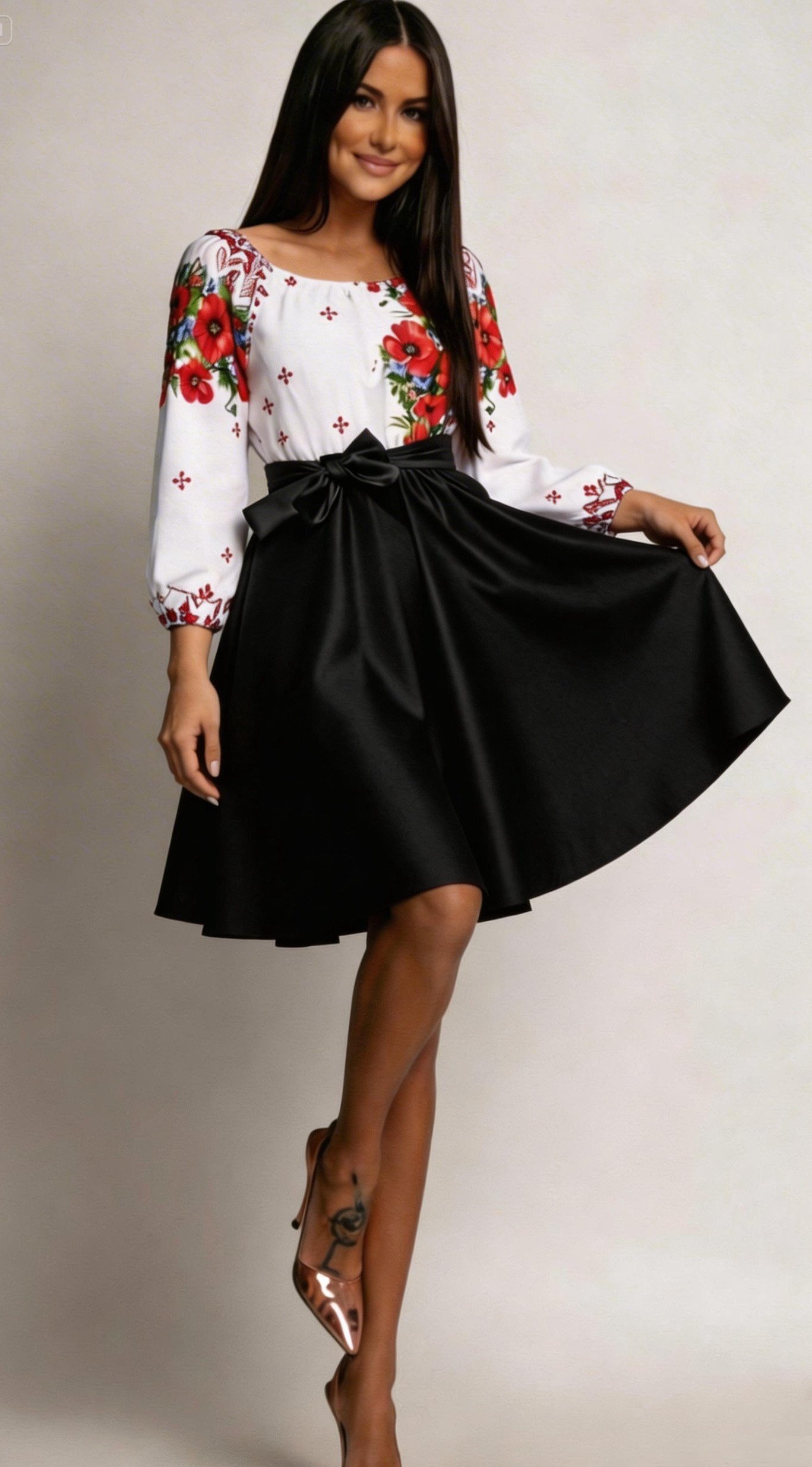 JojoFashion Rochie midi traditionala din tafta neagra cu maci Azra