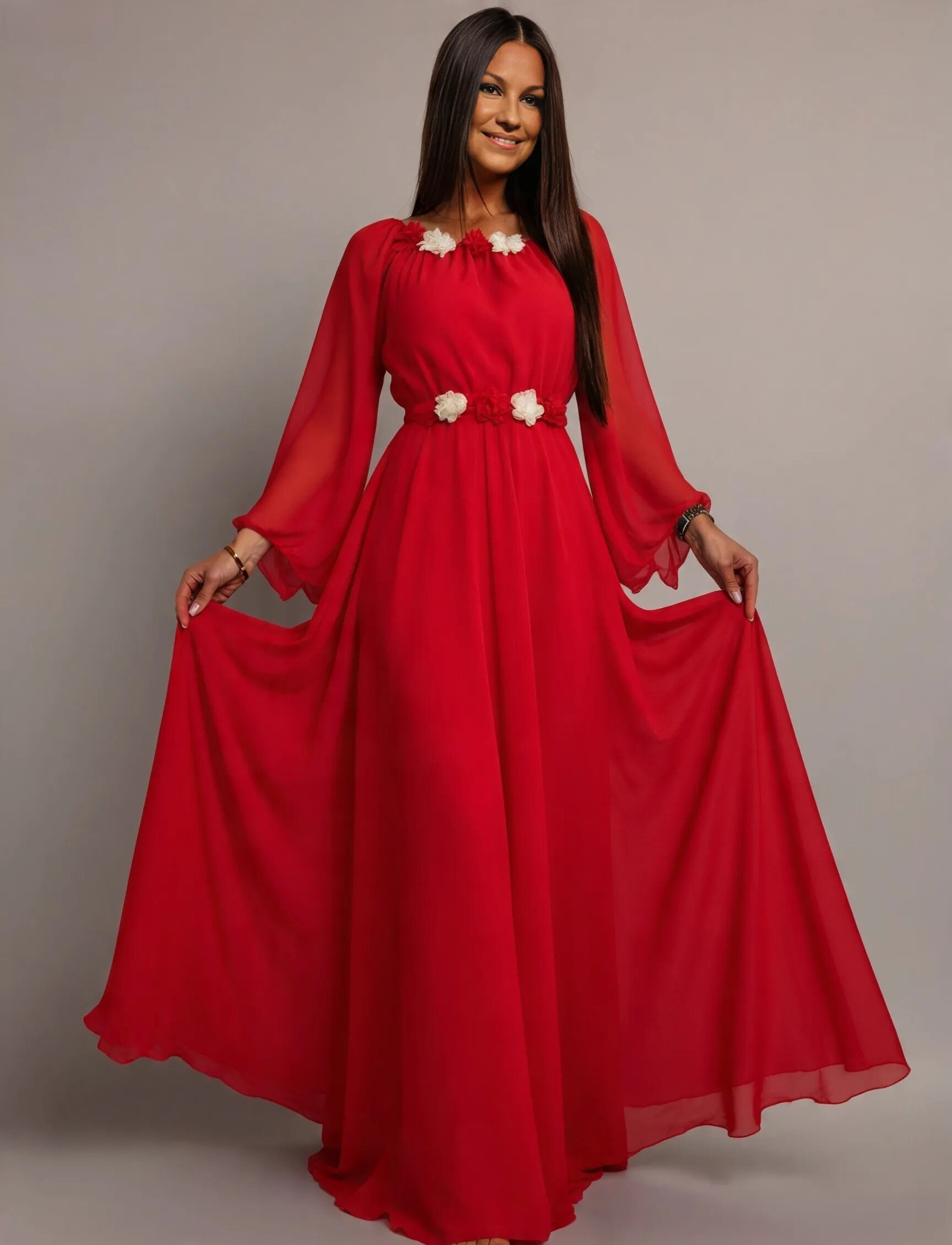 JojoFashion Rochie rosie lunga din voal vaporoasa cu maneca evazata AngelD