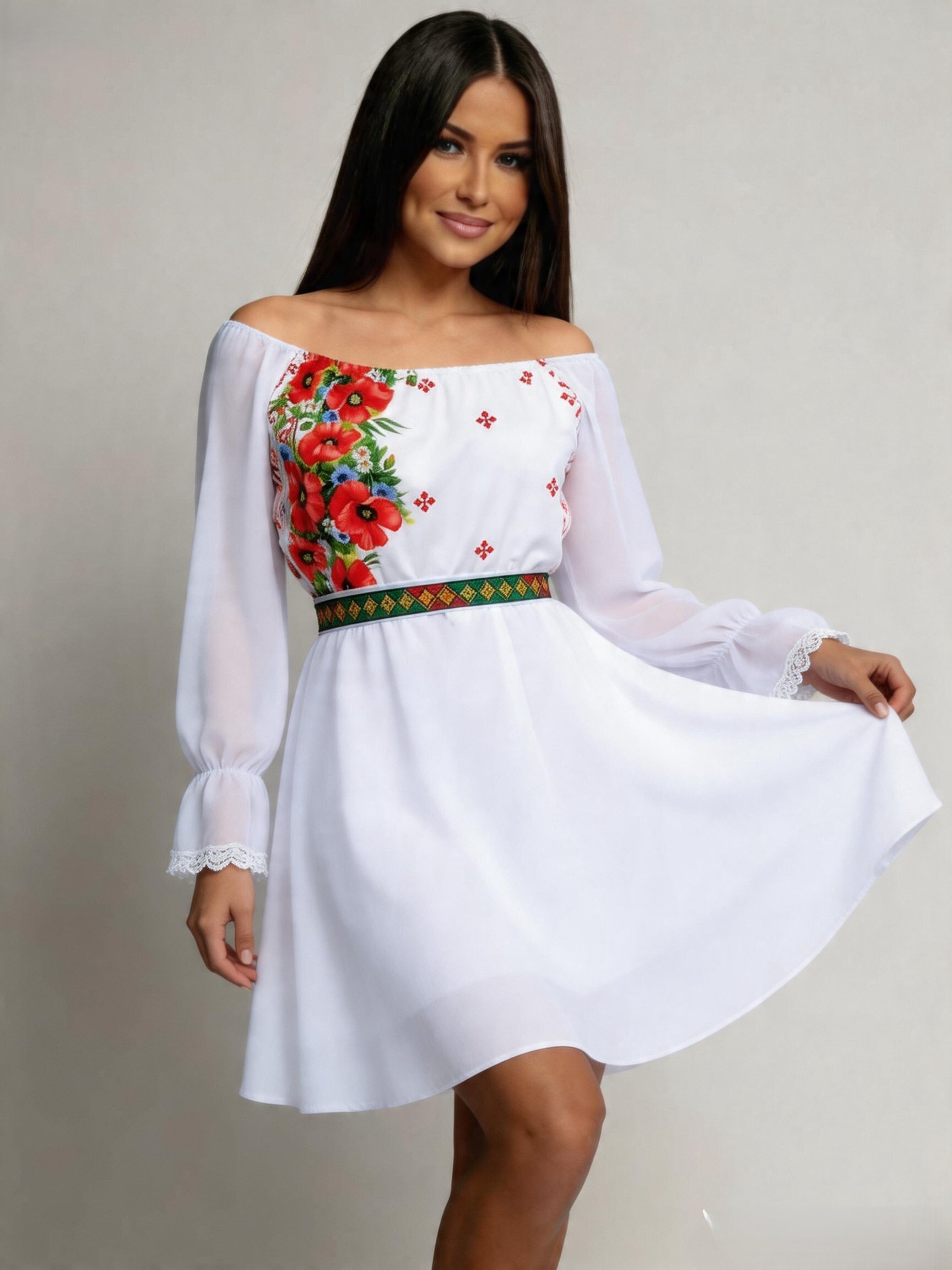 JojoFashion Rochie scurta alba cu maci cu motive traditionale din voal Loredana