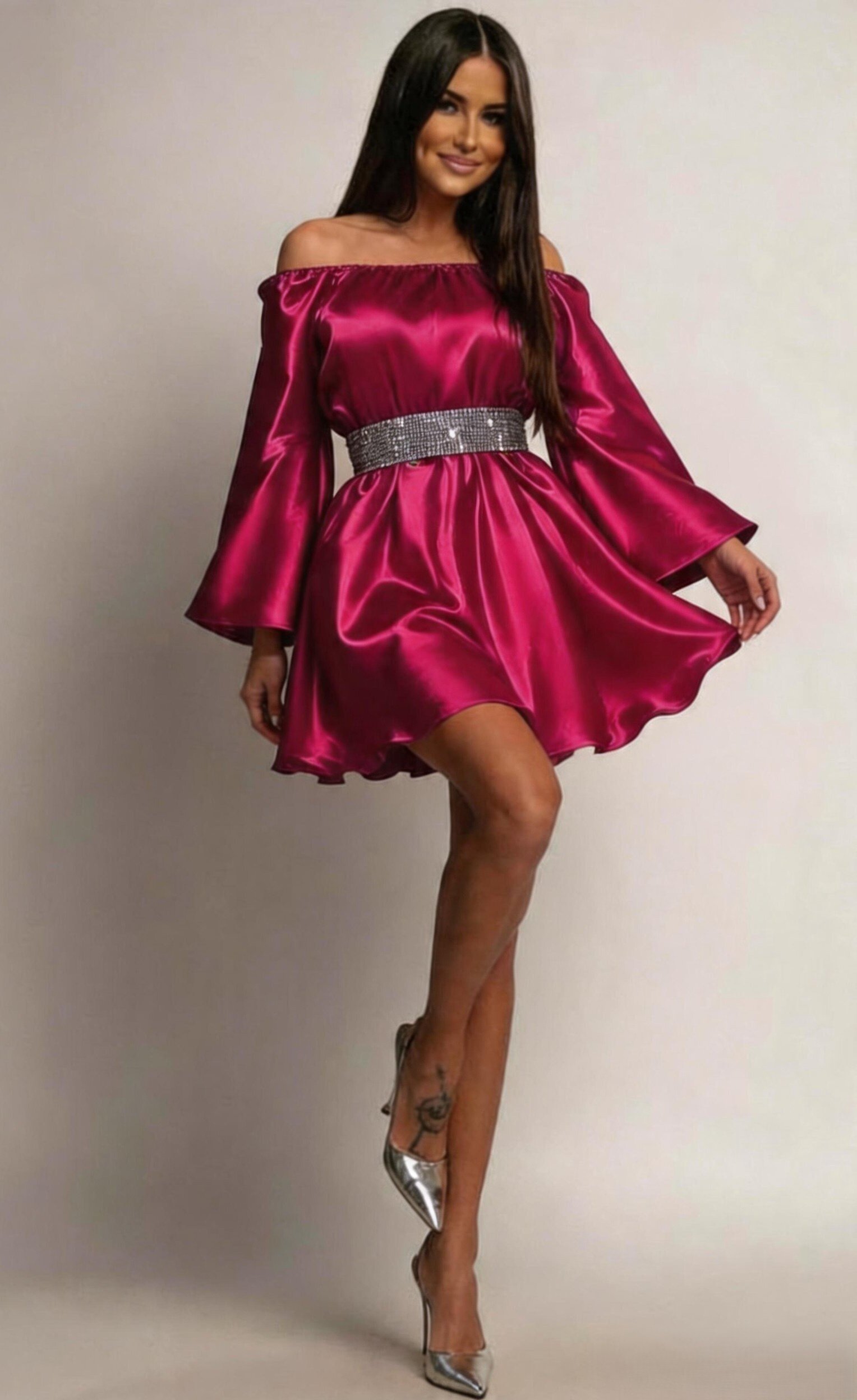 JojoFashion Rochie scurta babydoll rosie raspberry din satin vaporoasa Merida