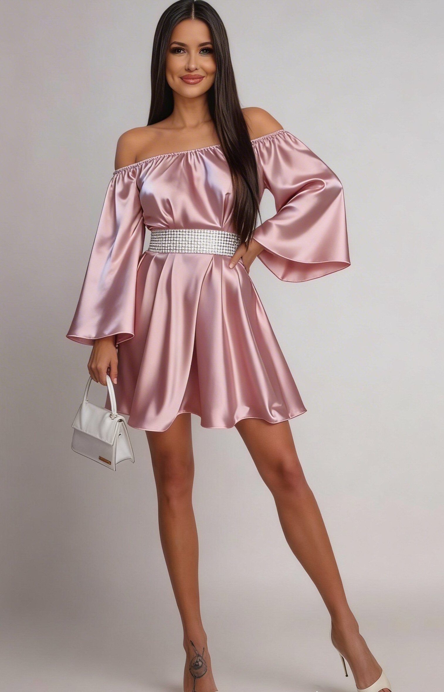 JojoFashion Rochie scurta din satin roz baby doll vaporoasa Merida