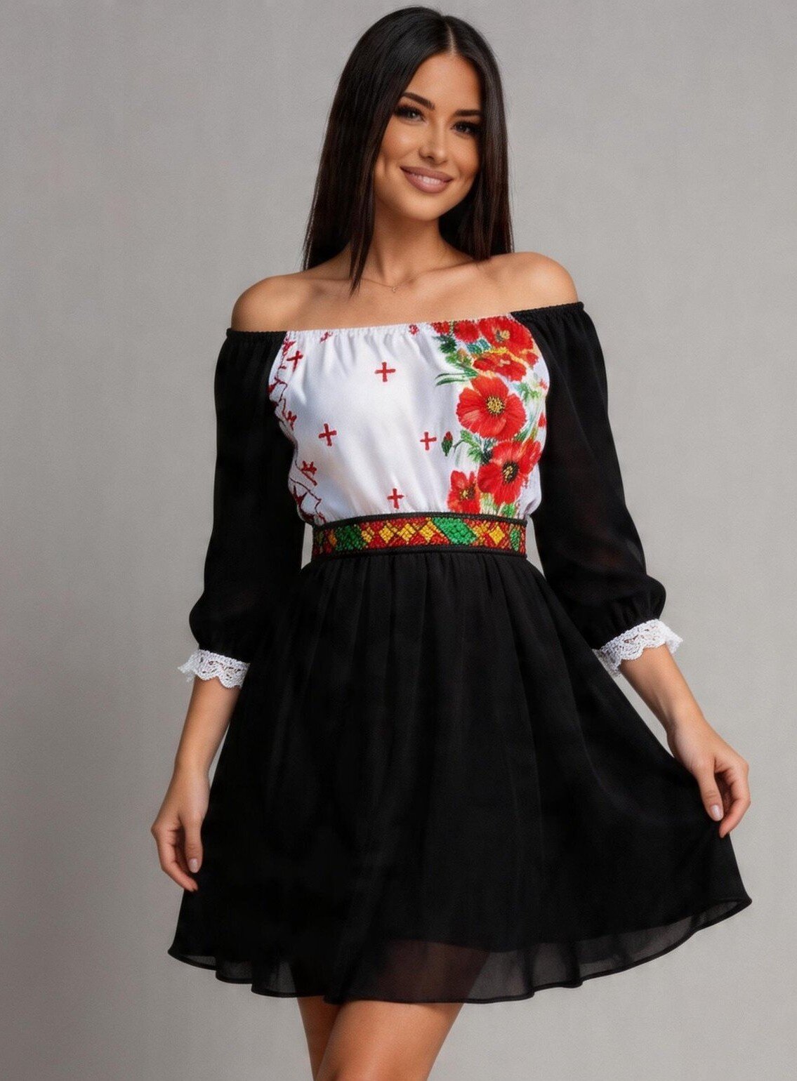 JojoFashion Rochie scurta neagra cu maci din voal cu motive traditionale Loredana
