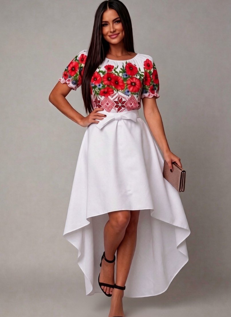 JojoFashion Rochie traditionala asimetrica tafta alba si maci cu trena Byanca