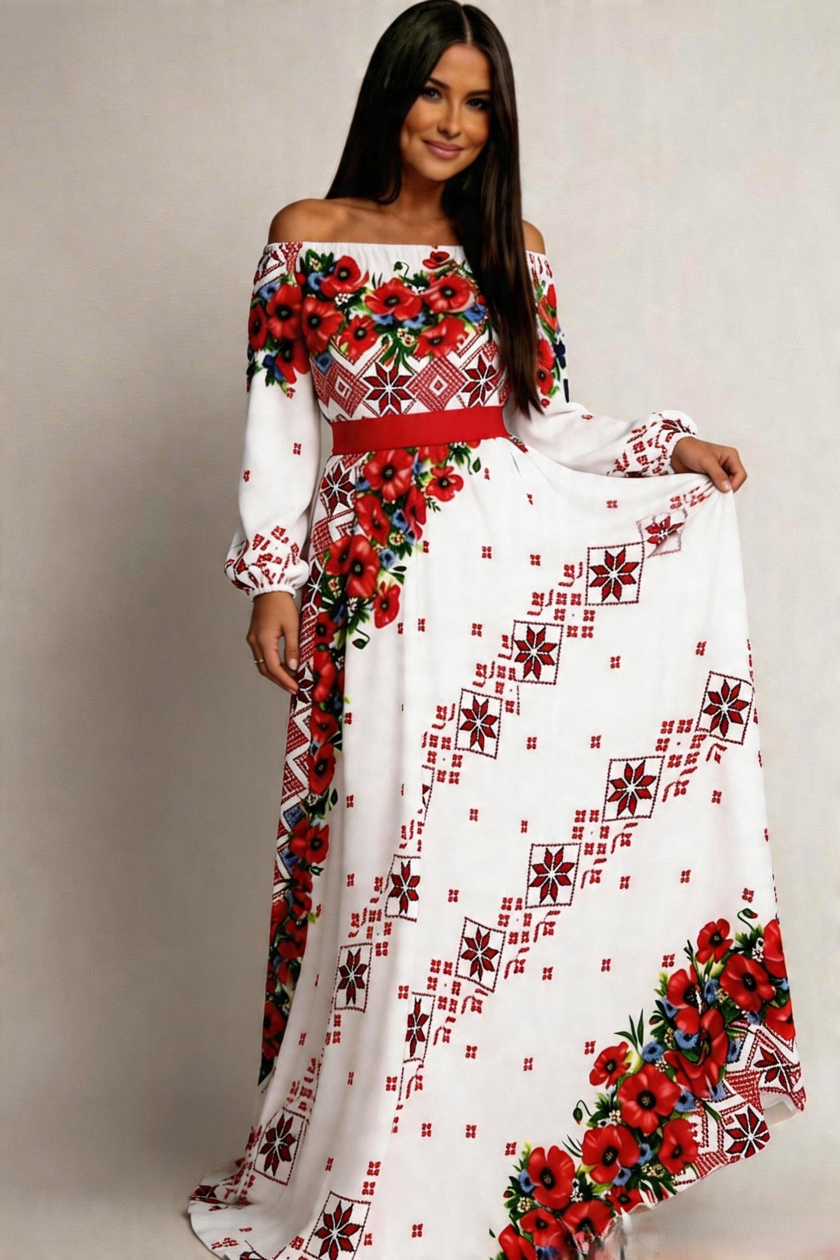 JojoFashion Rochie traditionala lunga alba cu maci rosii Lorelei