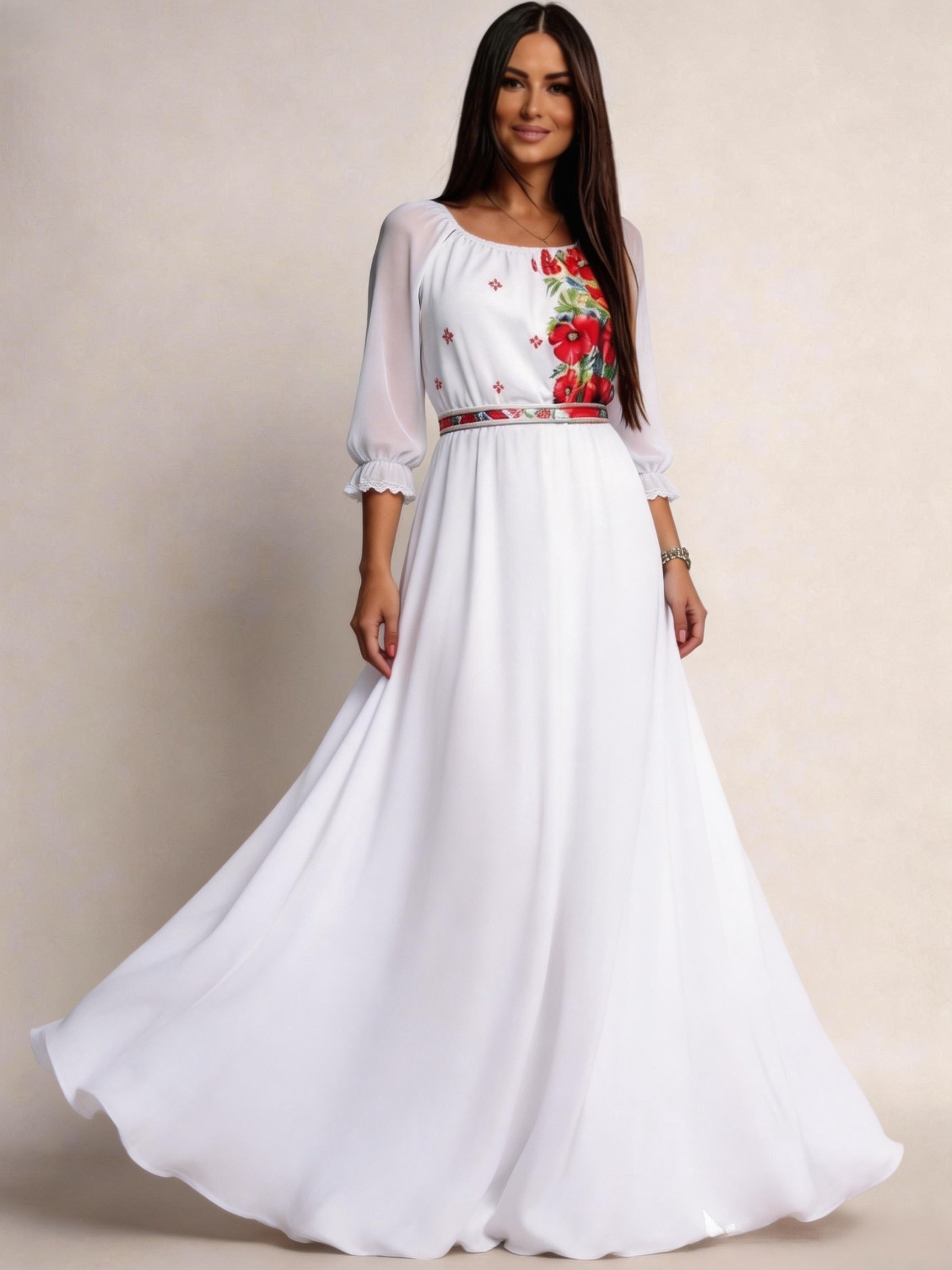 JojoFashion Rochie traditionala lunga alba din voal vaporoasa cu maci rosii Emanuela