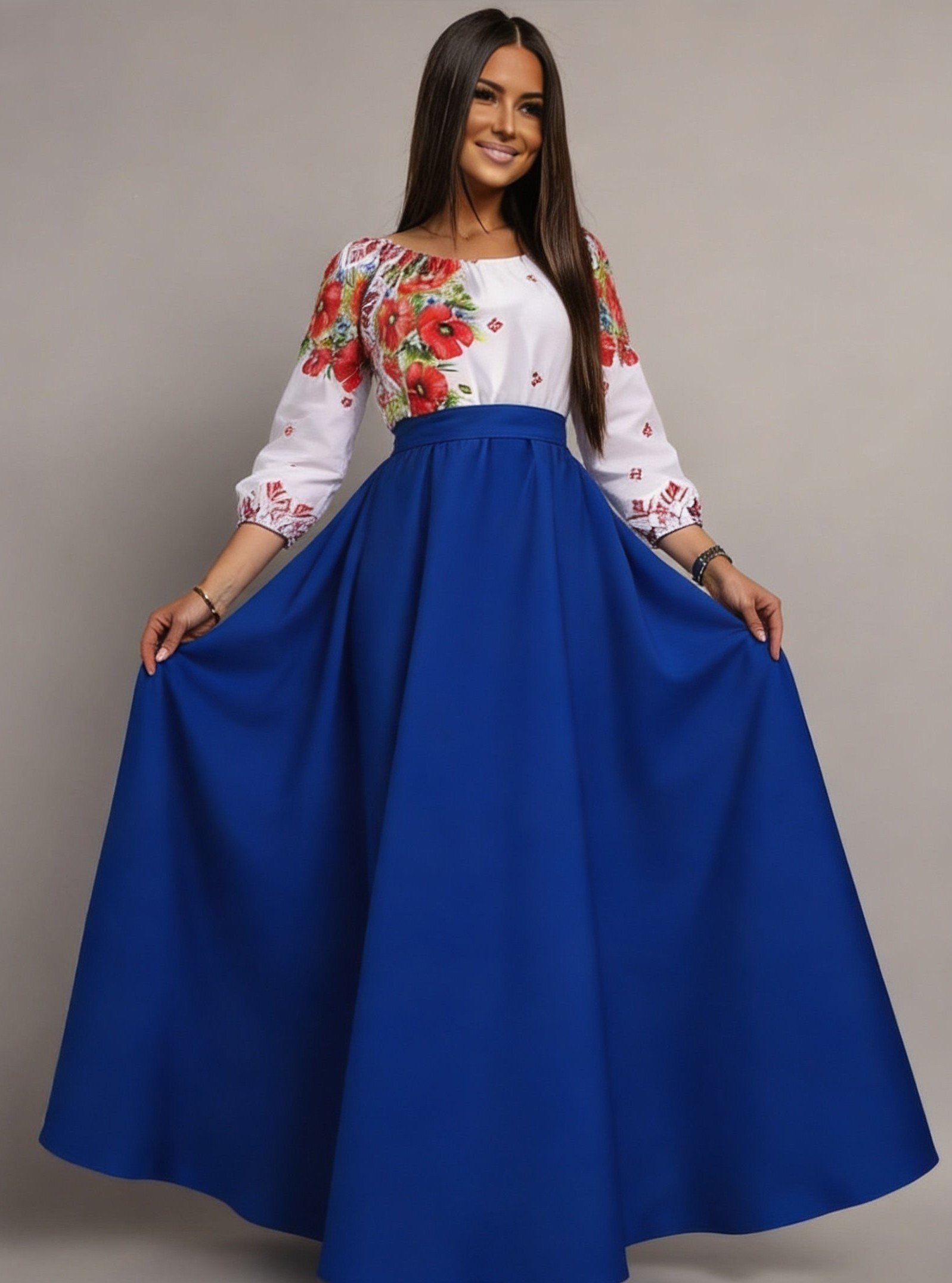 JojoFashion Rochie traditionala lunga din tafta albastra cu maci rosii Anna