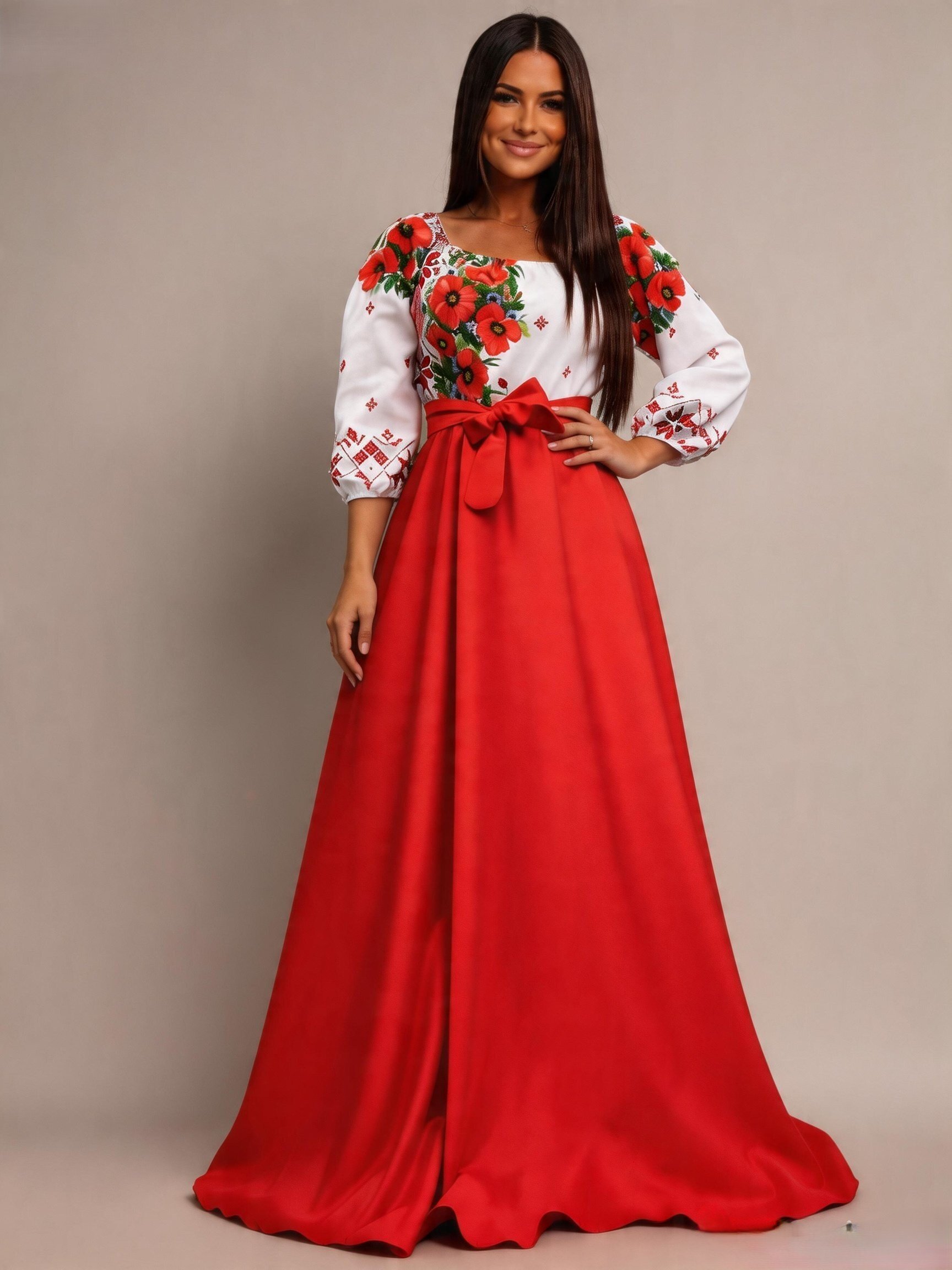 JojoFashion Rochie traditionala lunga din tafta rosie cu maci Anna