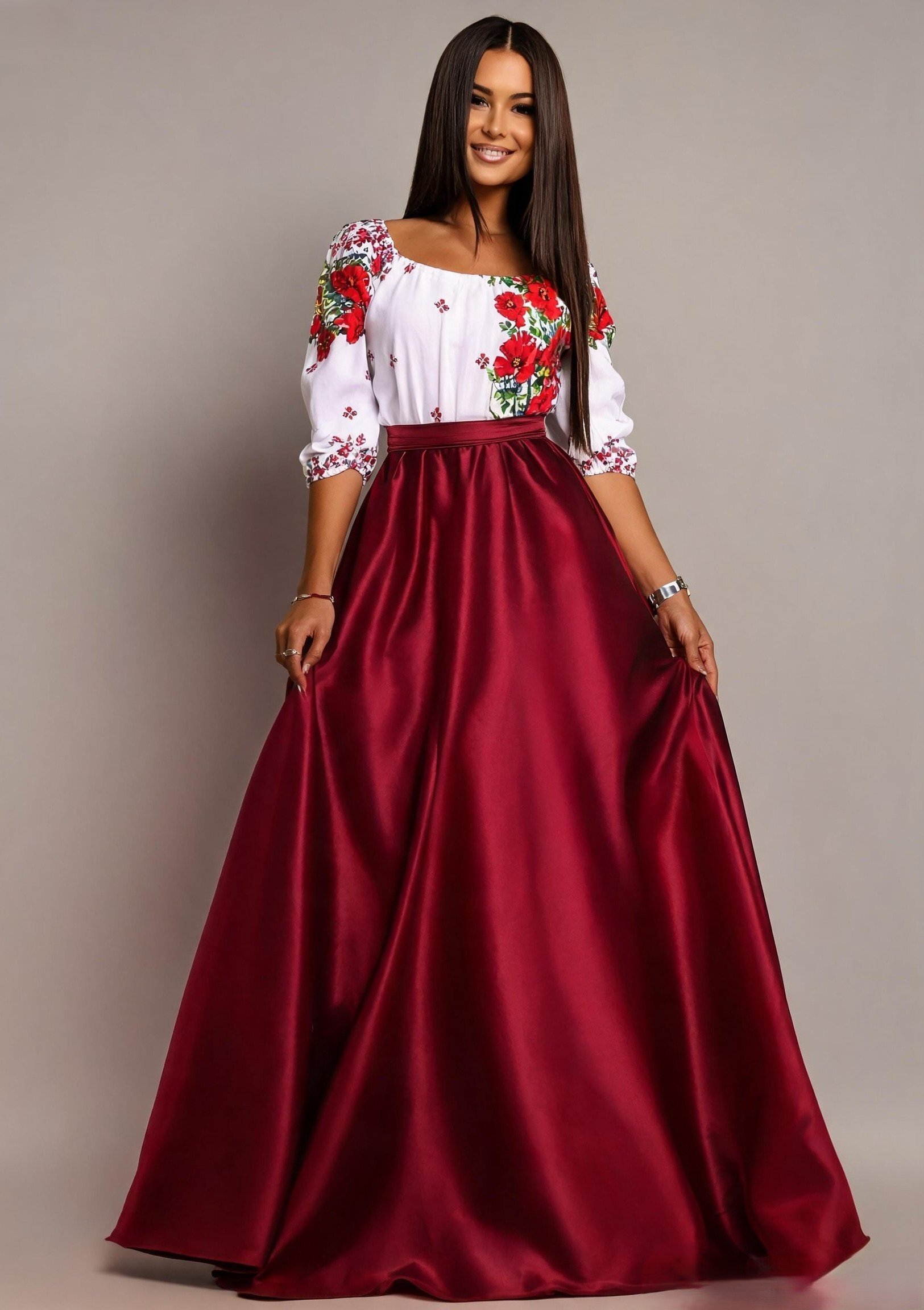 JojoFashion Rochie traditionala lunga tafta burgundy cu maci rosii Anna