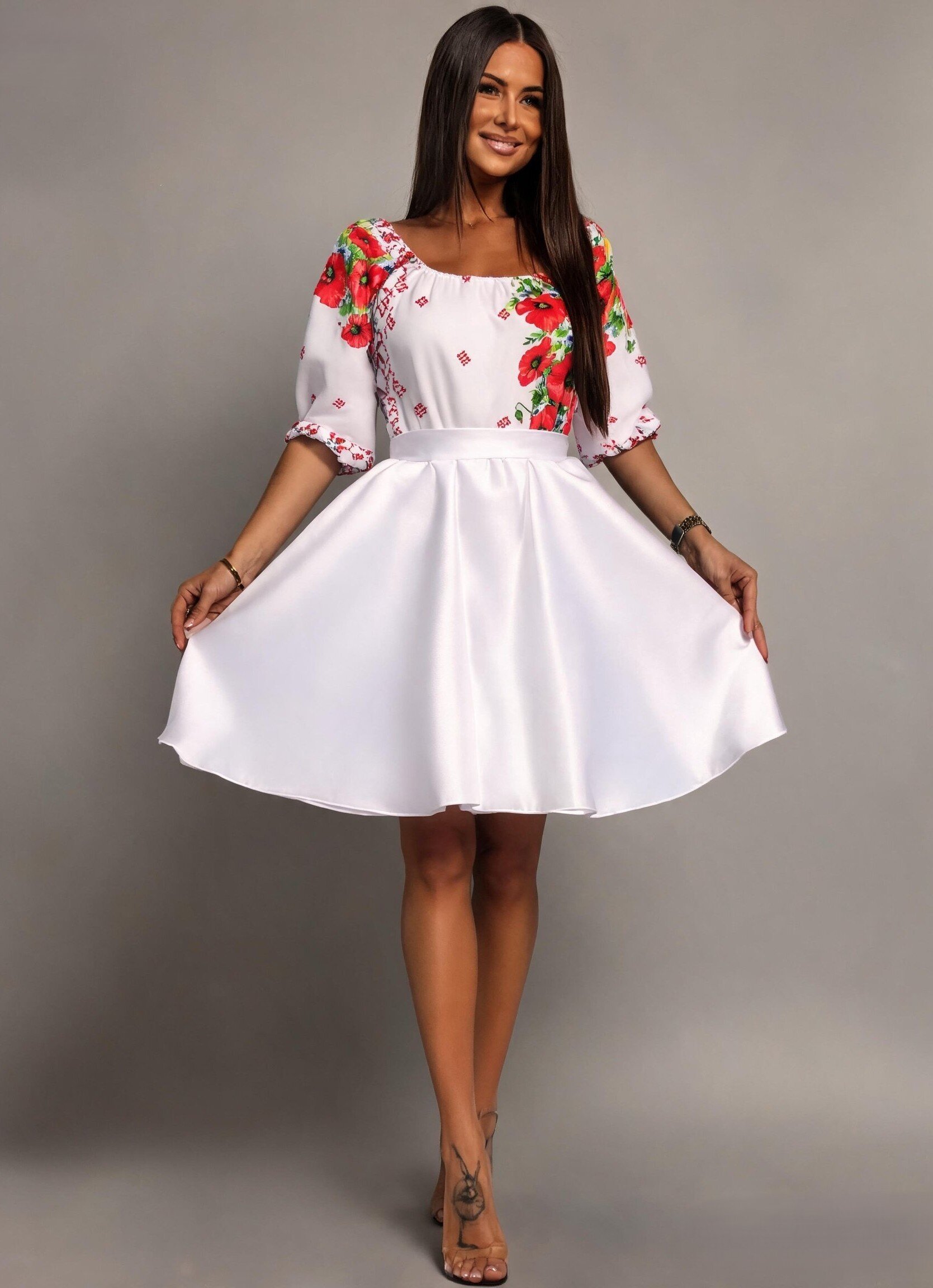 JojoFashion Rochie traditionala midi alba cu maci rosii Azra
