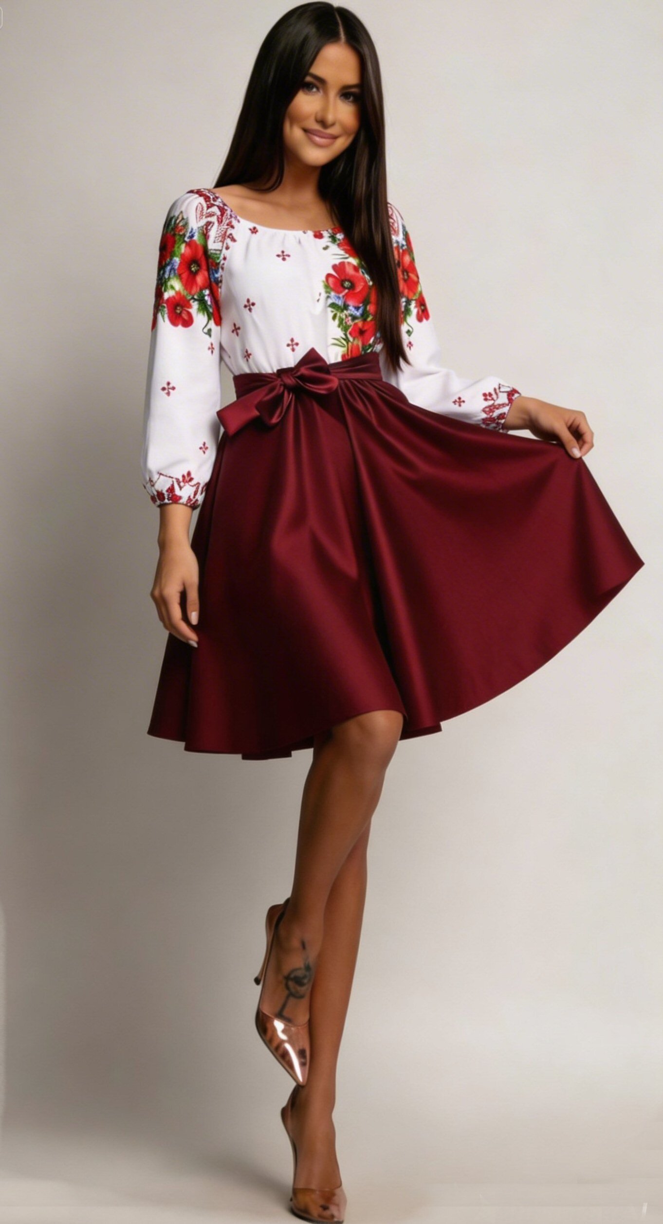 JojoFashion Rochie traditionala midi din tafta burgundy cu maci Azra