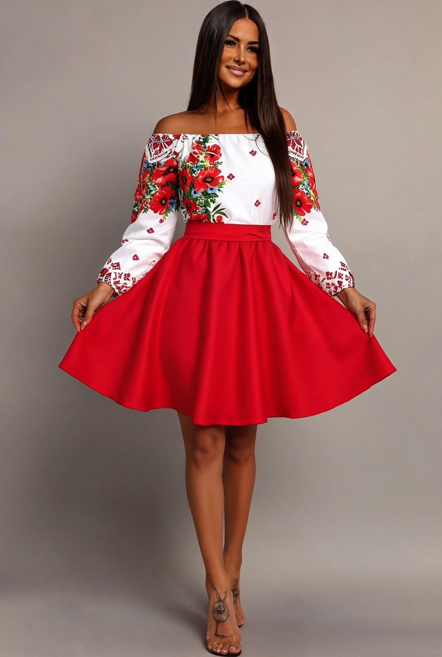 JojoFashion Rochie traditionala midi din tafta rosie cu maci Azra