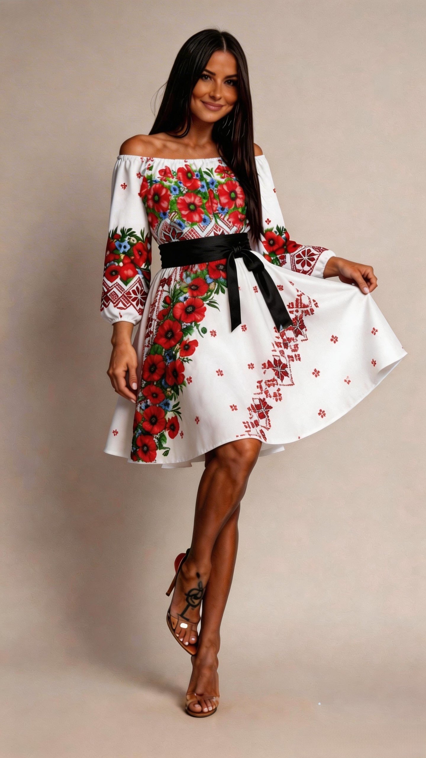 JojoFashion Rochie traditionala scurta alba cu maci rosii Lesya