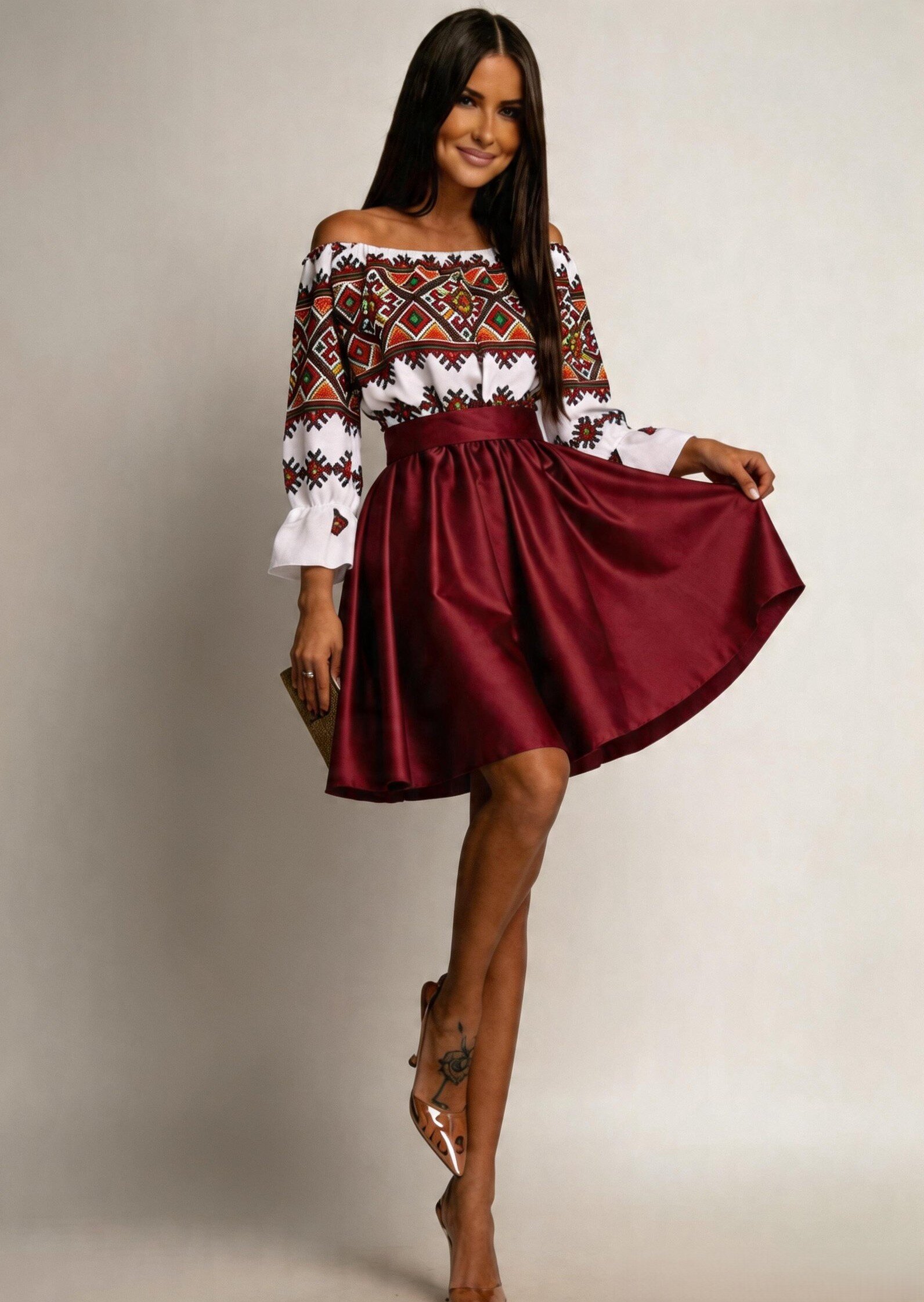 JojoFashion Rochie traditonala midi din tafta burgundy cu maneca lunga Alessa