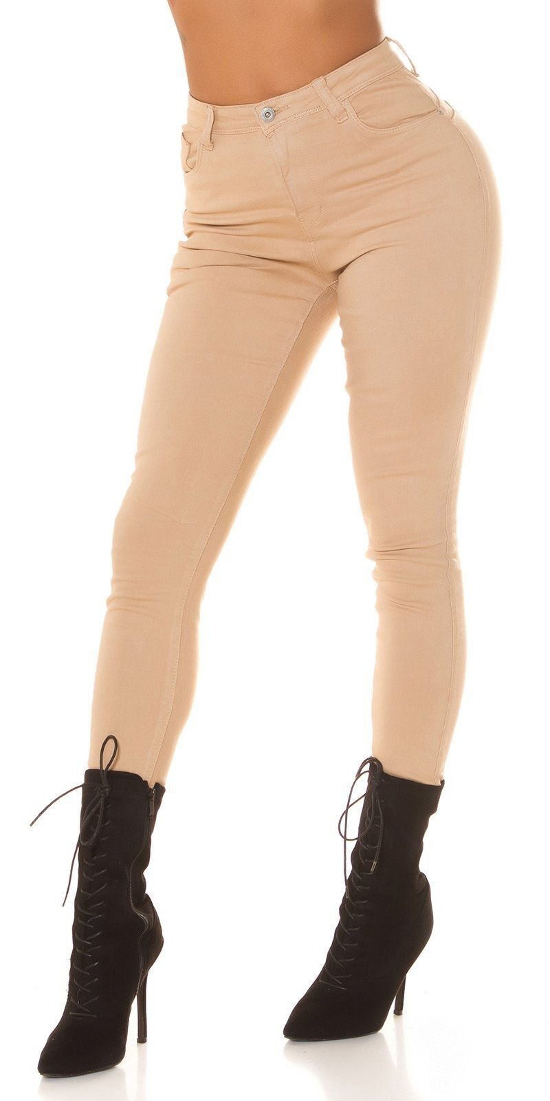 Koucla Blugi dama cu push up skinny bej din bumbac mulati cu talia inalta Haley