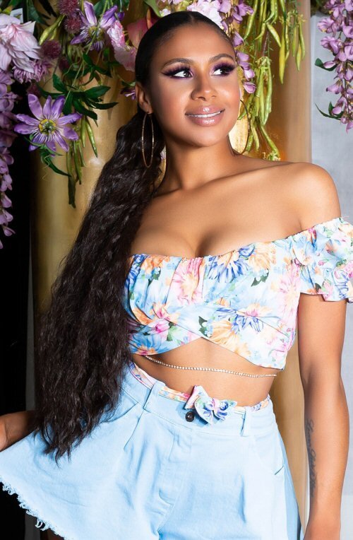 Koucla Crop top dama cu bleu flori multicolore Corliss