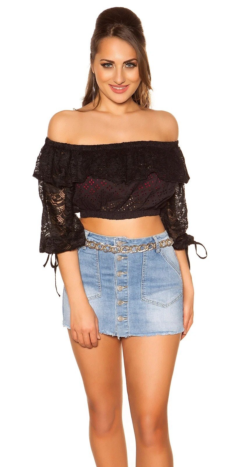 Koucla Crop top dama dantela neagra cu umerii goi Kathleen