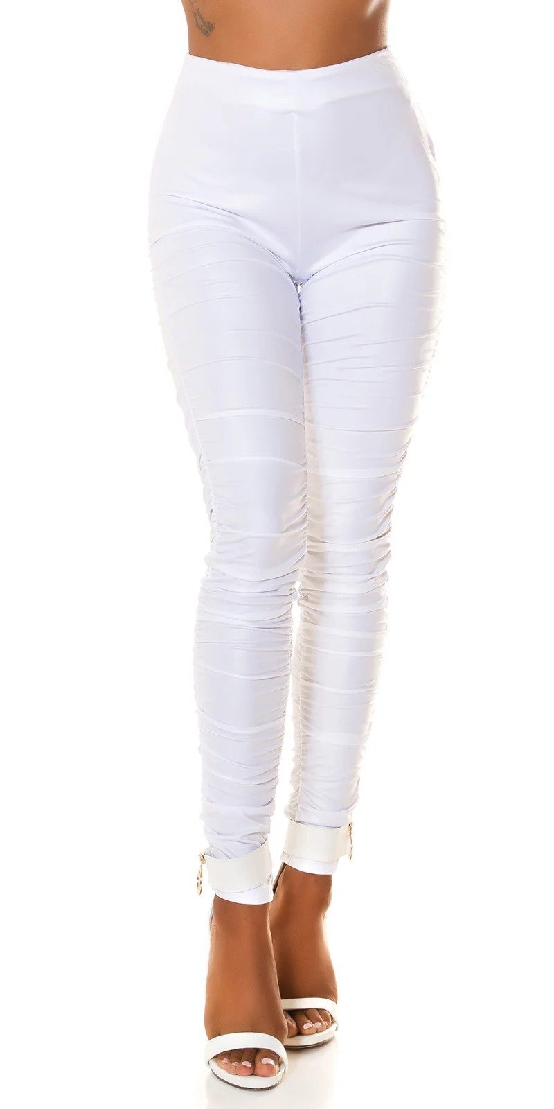 Koucla Pantaloni dama casual albi incretiti cu talia inalta WetLook Kelne