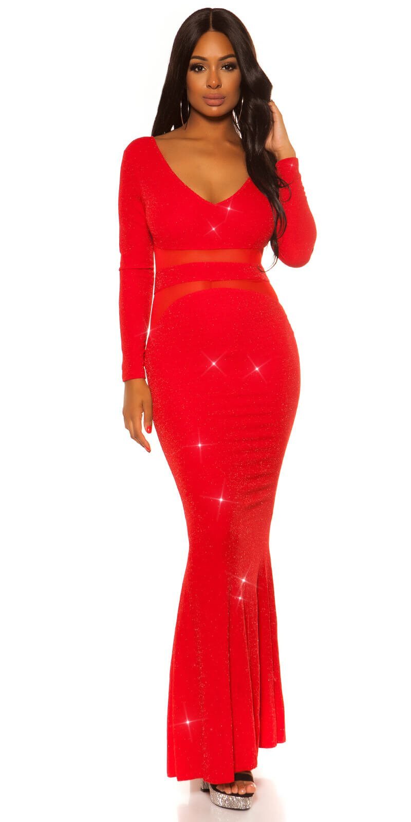 Koucla Rochie eleganta lunga rosie mulata din lurex cu maneca lunga Akma