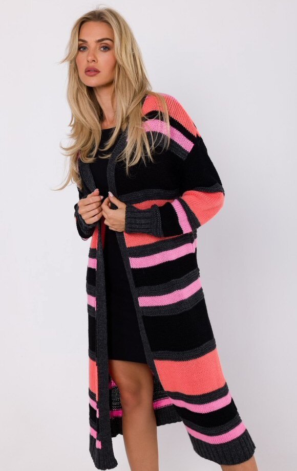 MOE Cardigan dama midi din acryl negru cu dungi corai Fatime