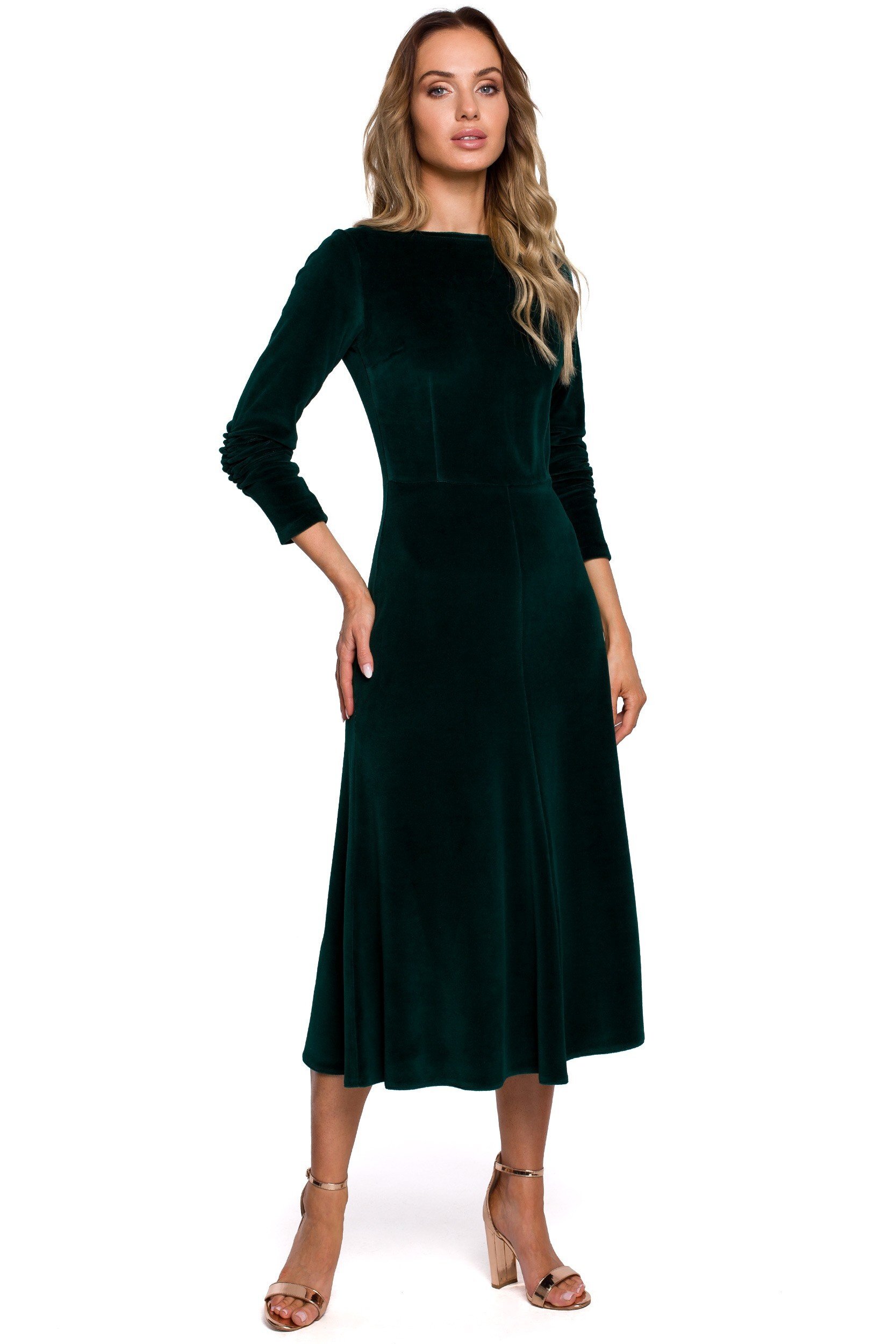 MOE Rochie de ocazie midi verde din catifea clasica Simina