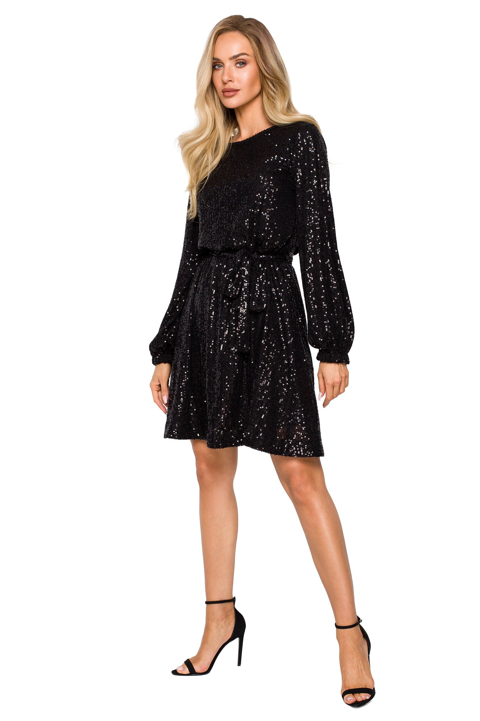 MOE Rochie de seara eleganta midi neagra din paiete cu maneca lunga Naomi