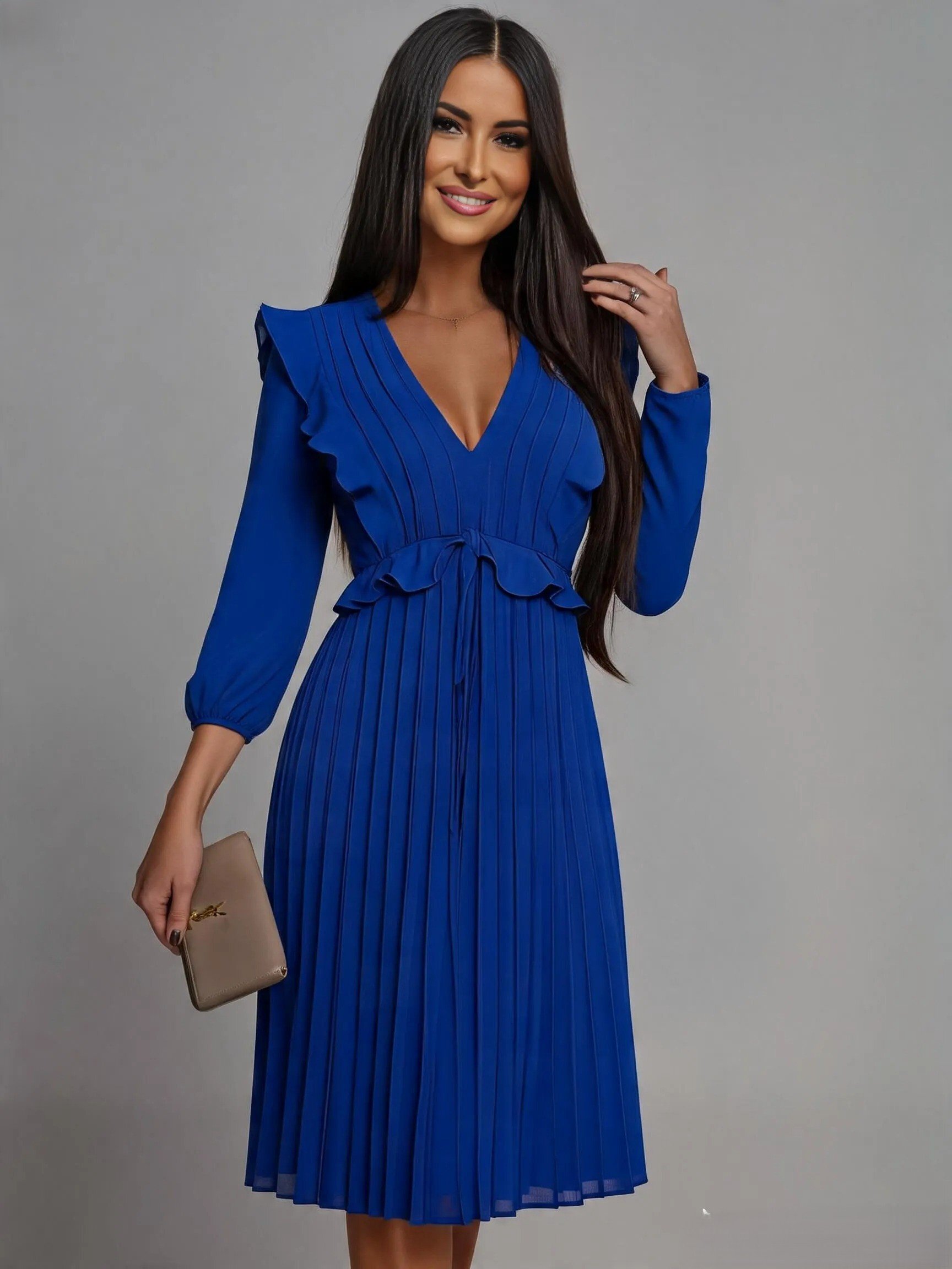 Numoco Rochie de ocazie midi albastra plisata cu volane Angel