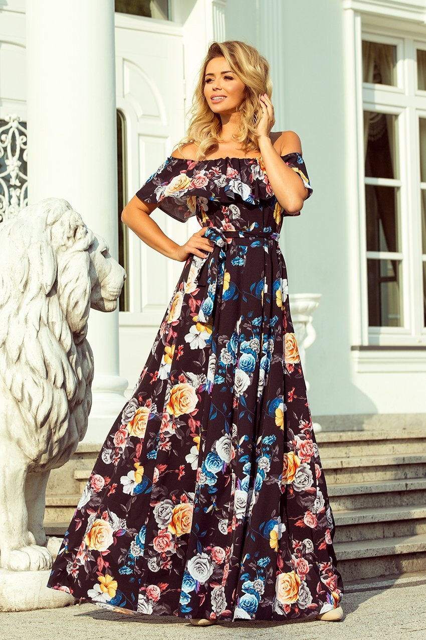 Numoco Rochie de vara lunga neagra cu flori colorate cu umerii goi si volane Georgia