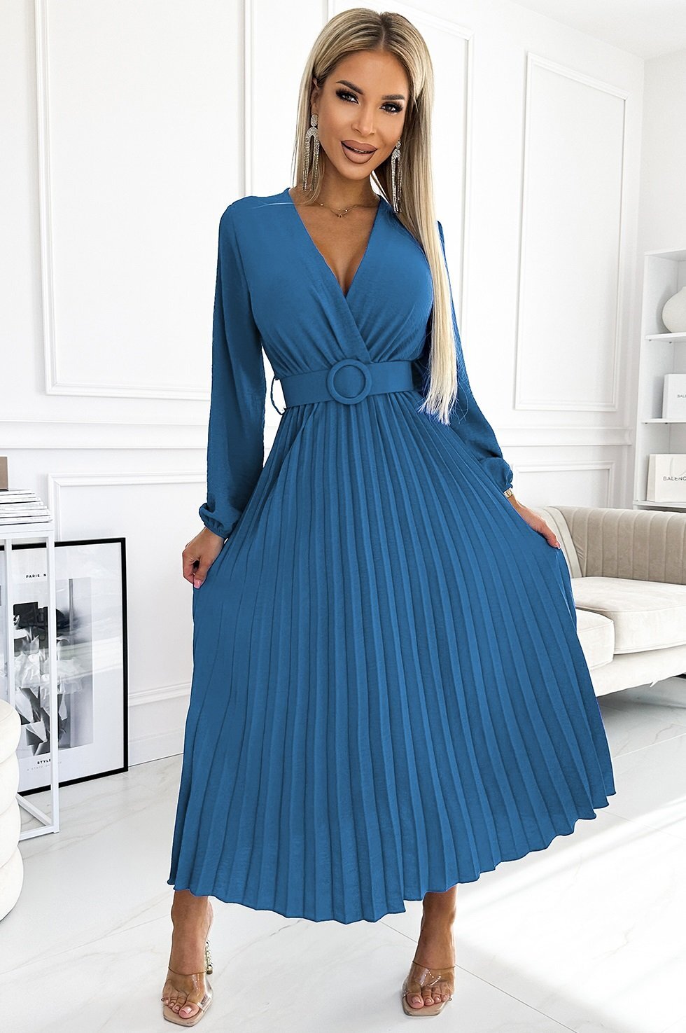 Numoco Rochie din voal blue sky plisata midi cu maneca lunga Viviana