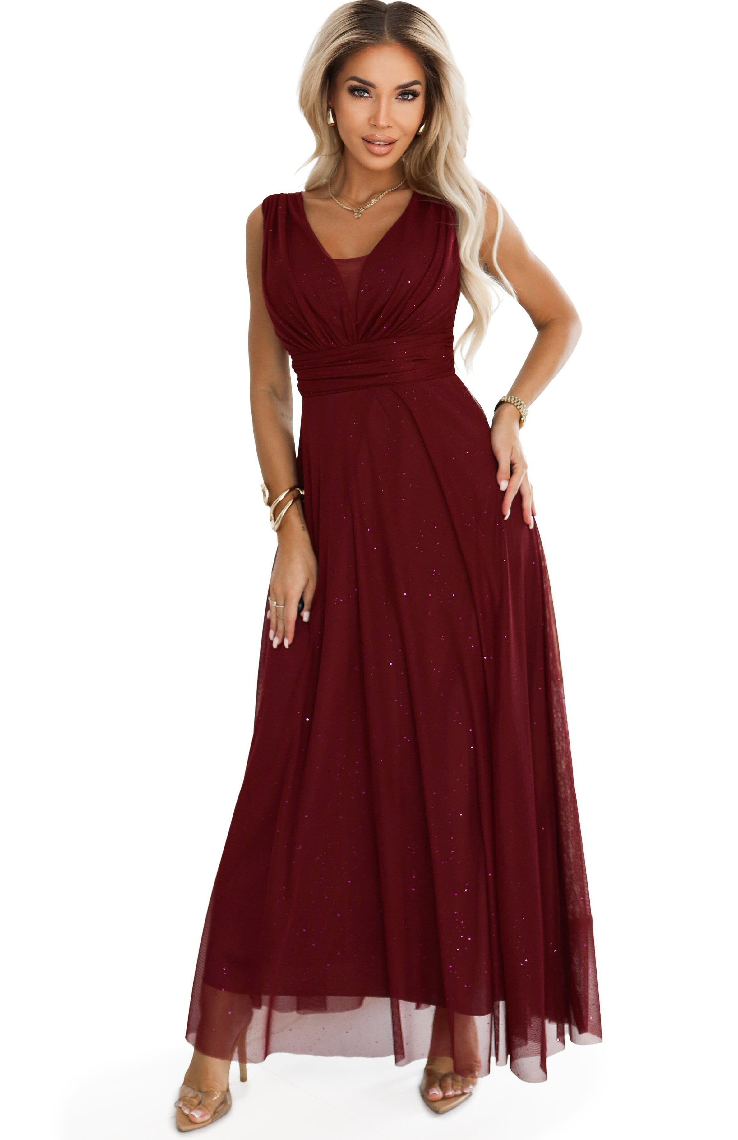 Numoco Rochie eleganta lunga burgundy din brocard vaporoasa petrecuta Melania