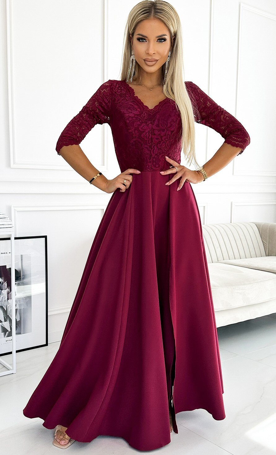 Numoco Rochie eleganta lunga din dantela burgundy cu maneca Allegria